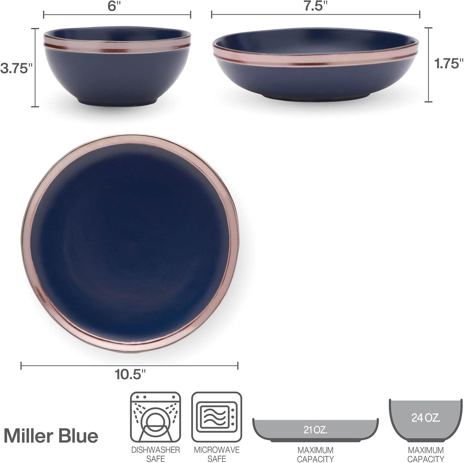 Blue Ceramic Dinnerware Set with Rose Gold Banding, Service for 4