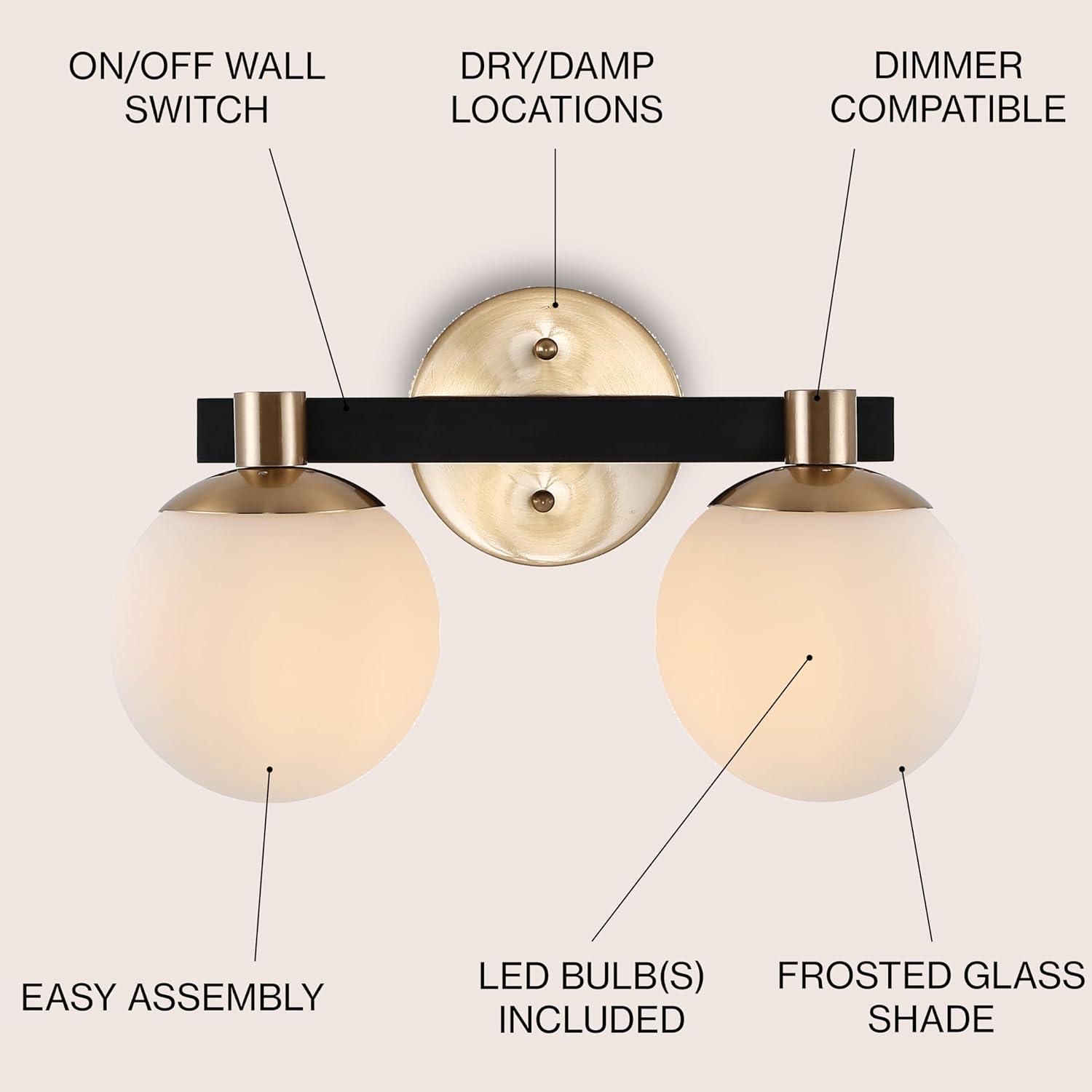 Modernist Globe 15.25" 2-Light Metal/Frosted Glass Modern Contemporary LED Vanity, Brass Gold/Black