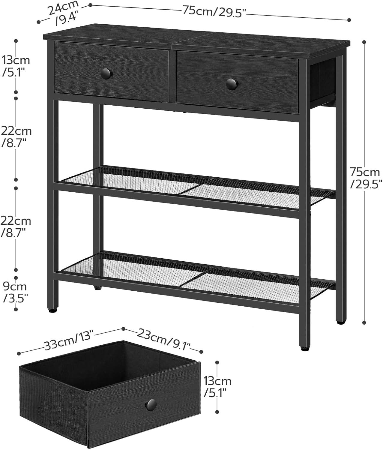 29.5" Narrow Console Table with 2 Fabric Drawers, Small Entryway Table with 3-Tier Storage Shelves, Thin Sofa Table, Side Table, for Living Room, Hallway, Rustic Brown and Black