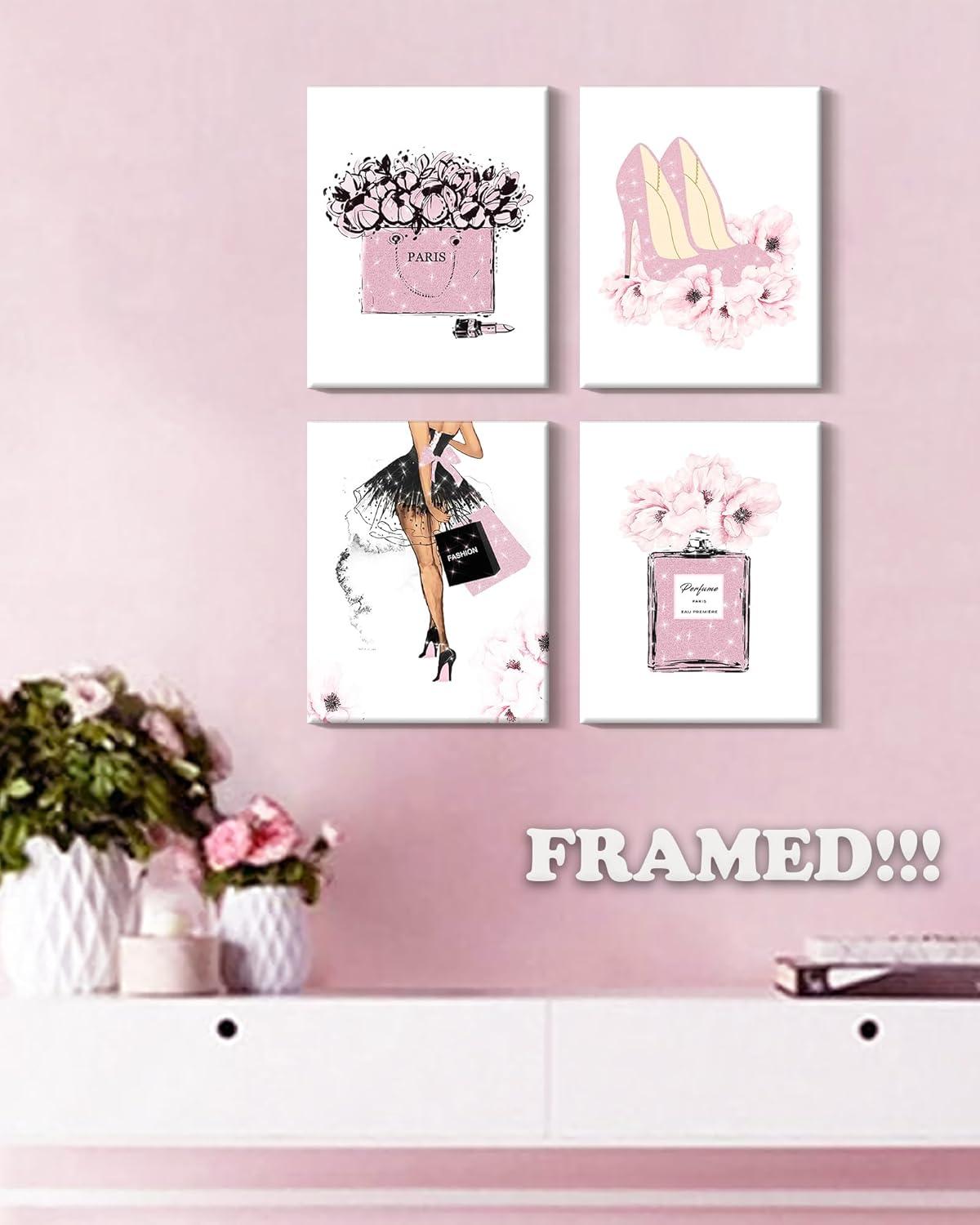 Drsoum Glam Pink Fashion Wall Decor,Woman Makeup Framed Wall Art,Hot Pink Girly Room Decor,Perfume Handbags High Heels Lipstick Wall Paintings Set of 4, 8x10 in (Framed)