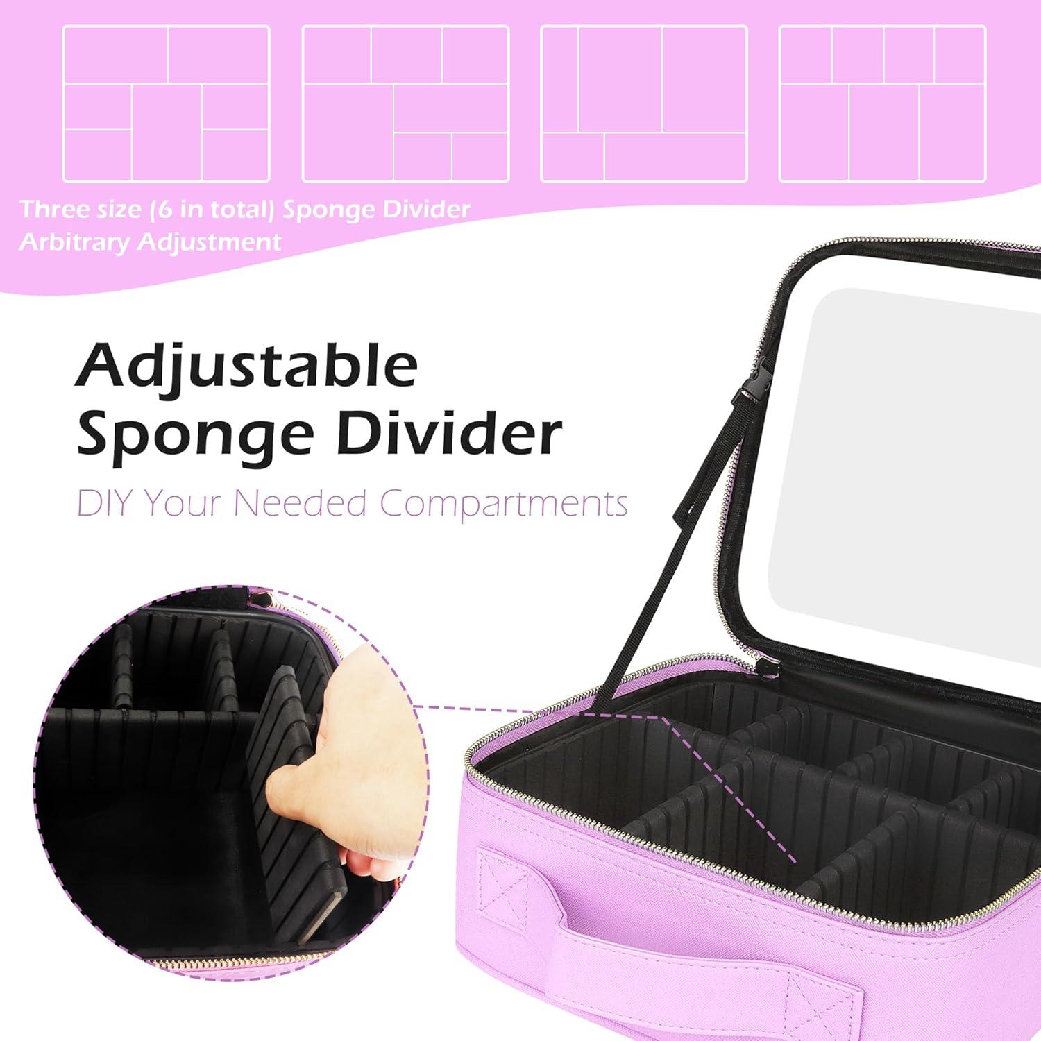 MOMIRA Travel Cosmetic Train Case with Lighted Mirror 3 Color Scenarios Cosmetic Bag Organizer with Adjustable Dividers Makeup Storage for Women, Makeup Accessories & Tools Case Purple