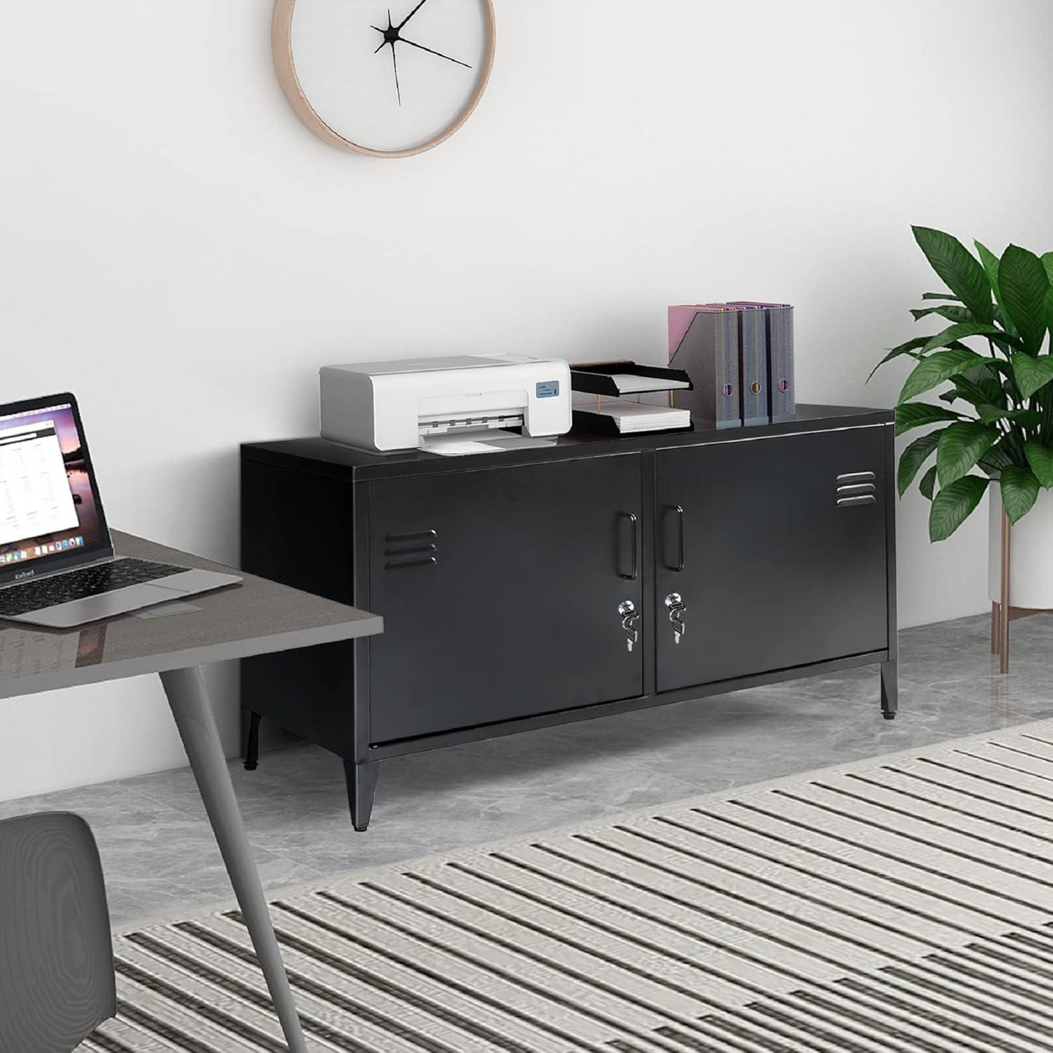 HOPUBUY Metal Storage Cabinet with Lock, Steel Locker Cabinet with Removable Shelves and 2 Locking Doors, Black Storage Cabinets for Home, Garage, Office, Bedroom