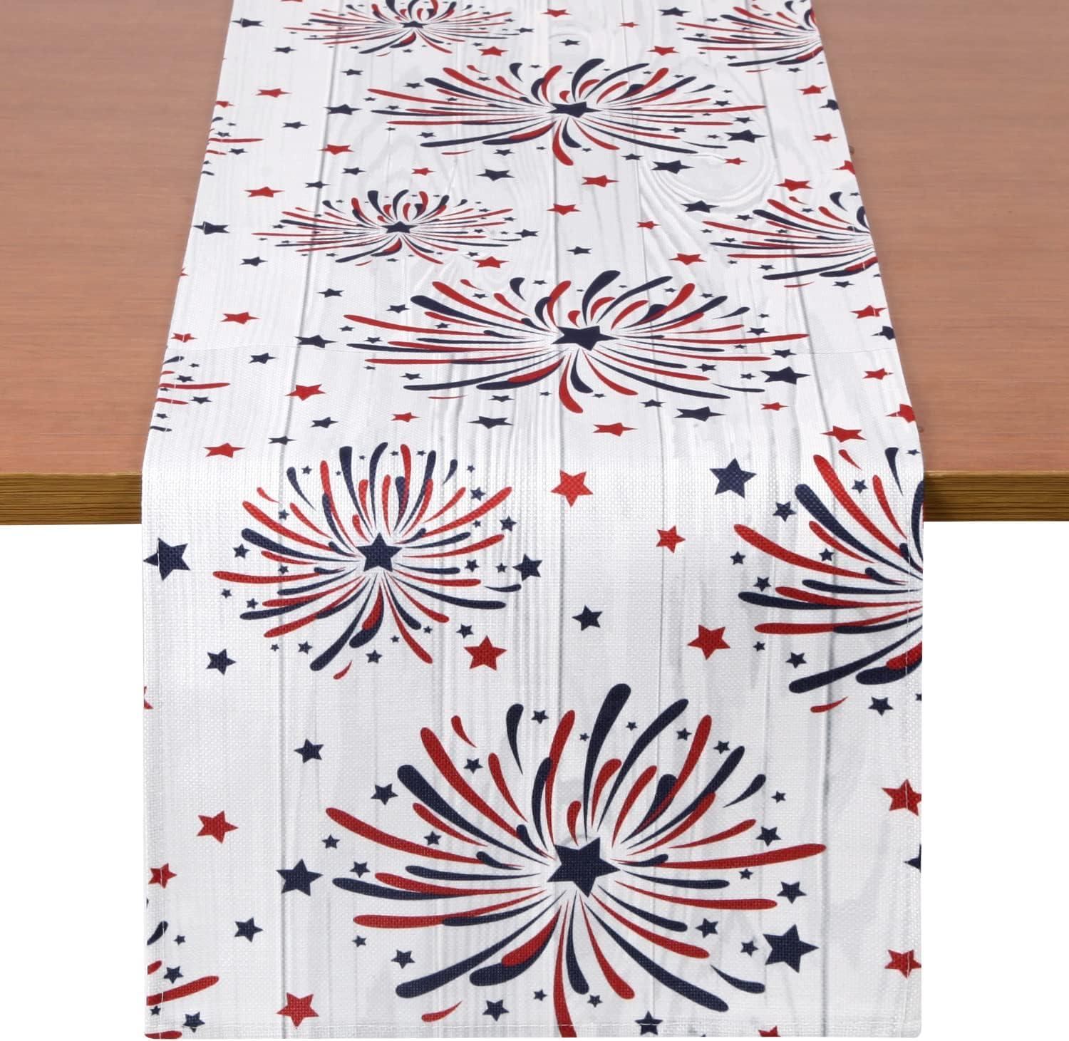 The Holiday Aisle® Fireworks Table Runner 4Th Of July Patriotic Memorial Day Independence Day Holiday Kitchen Dining Table Decoration,Holiday Burlap Table Cover, 13 X 70 Inch, Americana Stars, Red, White, Blue.