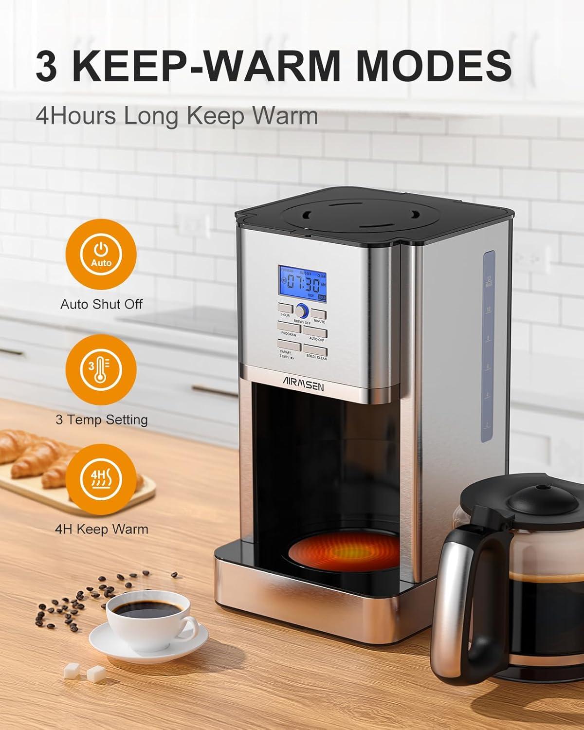 AIRMSEN Stainless Steel 12 Cup Drip Coffee Maker, Programmable Coffee Machine Self-Cleaning