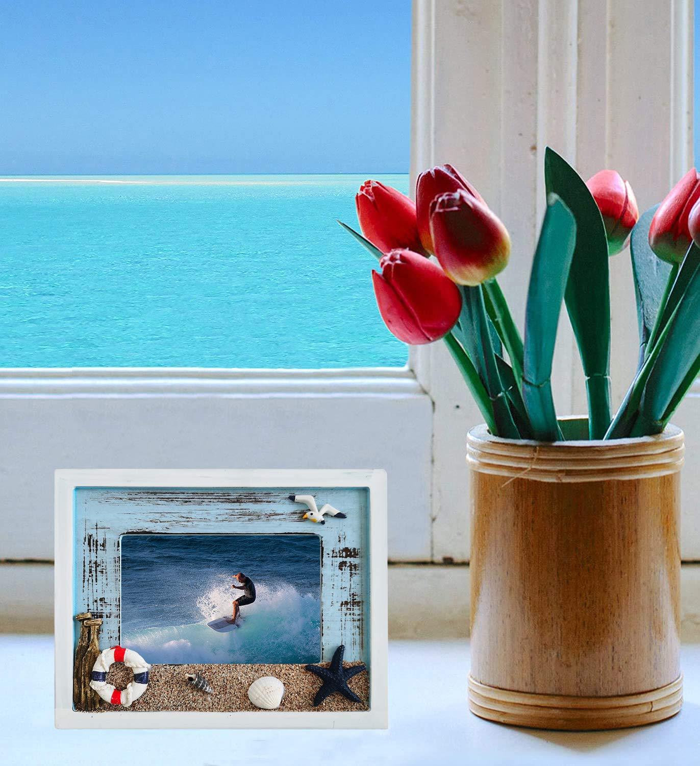 MUAMAX Beach Picture Frames 4 x 6 Ocean Photo Frame 4 by 6 Distressed Wooden Weathered Frames Coastal Frames Nautical Photo Stand Kids Gifts