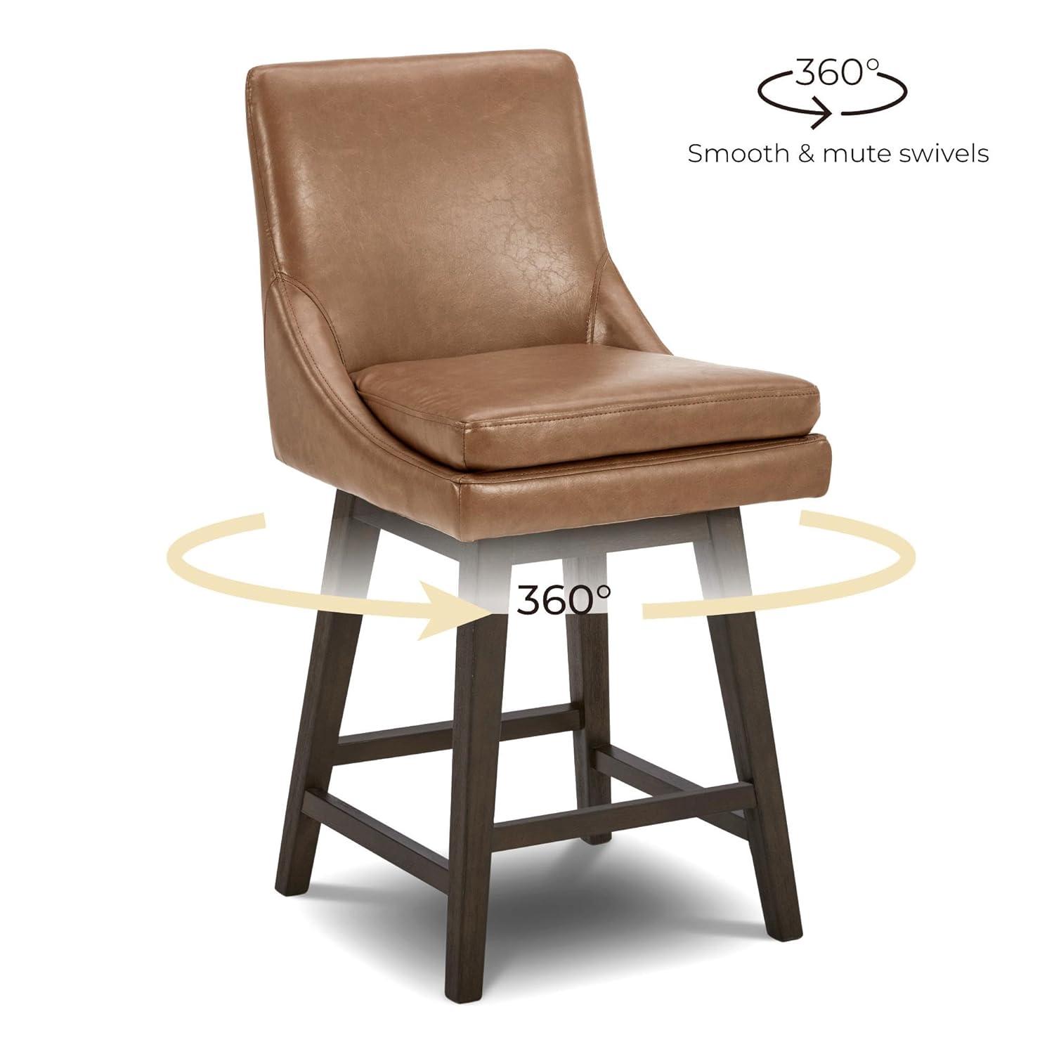 Fiona 26.8 in. Saddle Brown High Back Solid Wood Frame Swivel Counter Height Bar Stool with Faux Leather Seat(Set of 2)