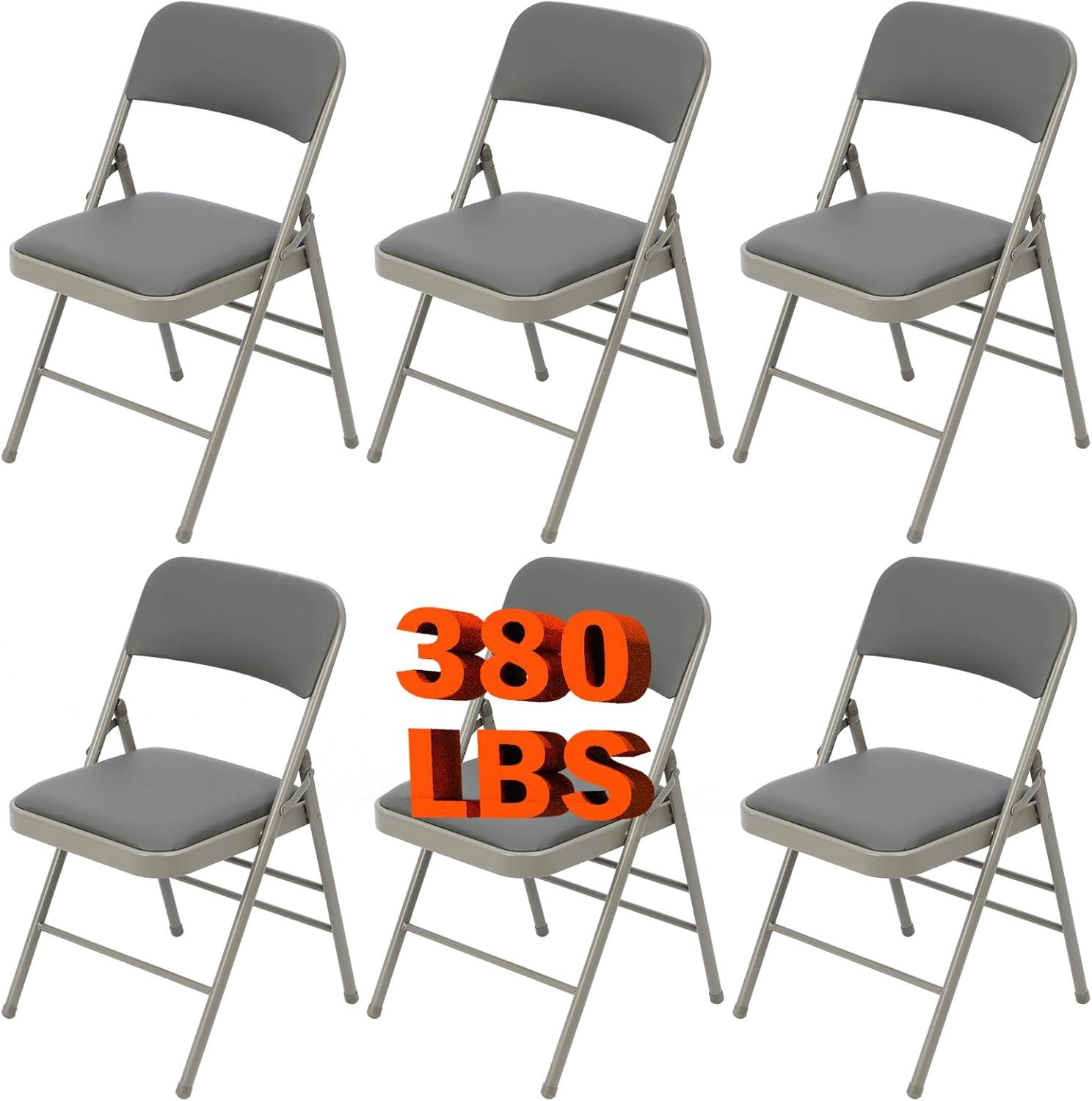 Folding Chairs with Padded Cushion and Back, 4pcs Potable Iron & PVC Durable Chairs for Indoor and Outdoor, School, Office and Garden Party, Gray