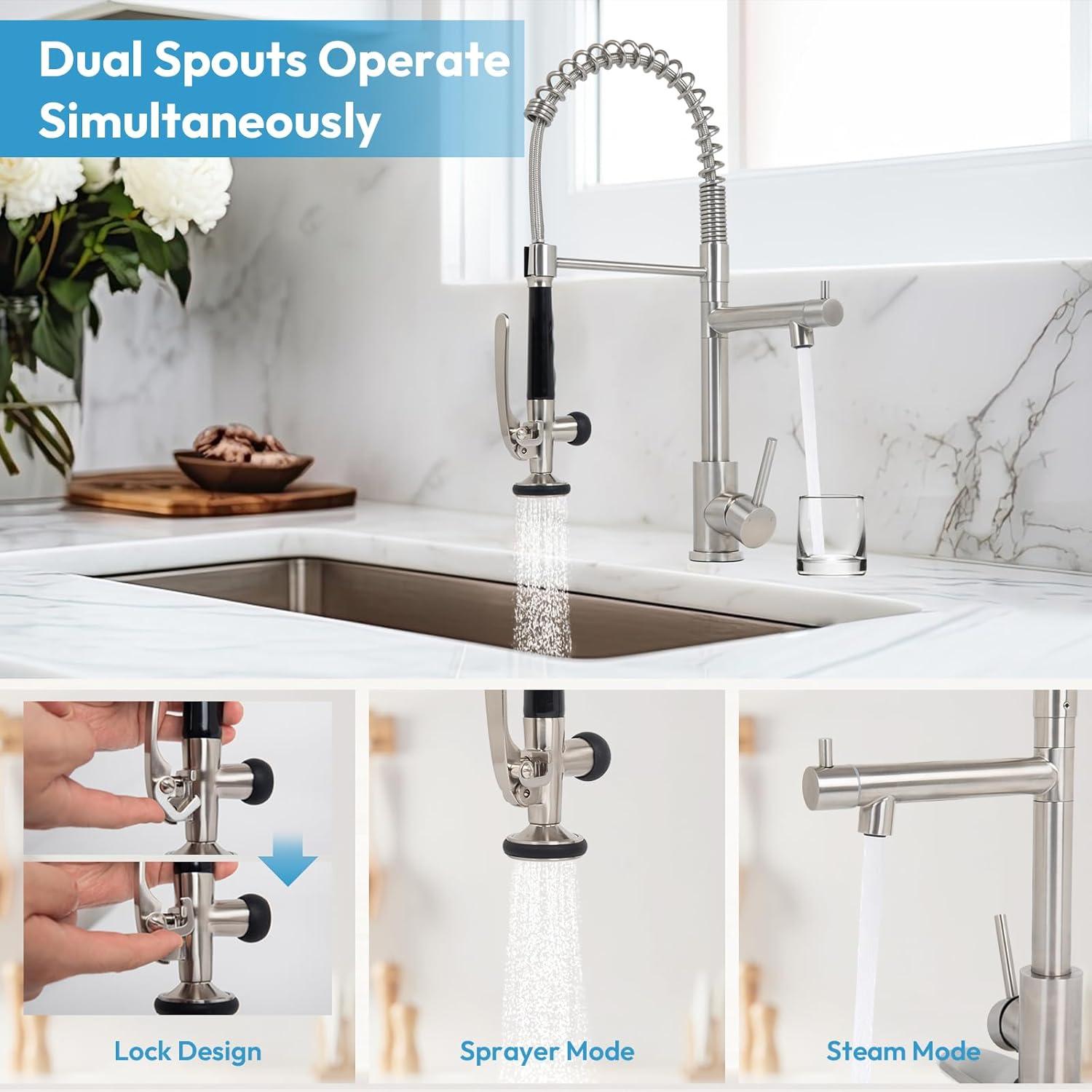 Besdor Kitchen Faucet with Pull Down Sprayer, Spring Single Handle Faucet for Kitchen Sink, Two Function Sprayer, 360-degree Rotation, with Deck Plate, 304 Food Grade Stainless Steel, Brushed Nickel