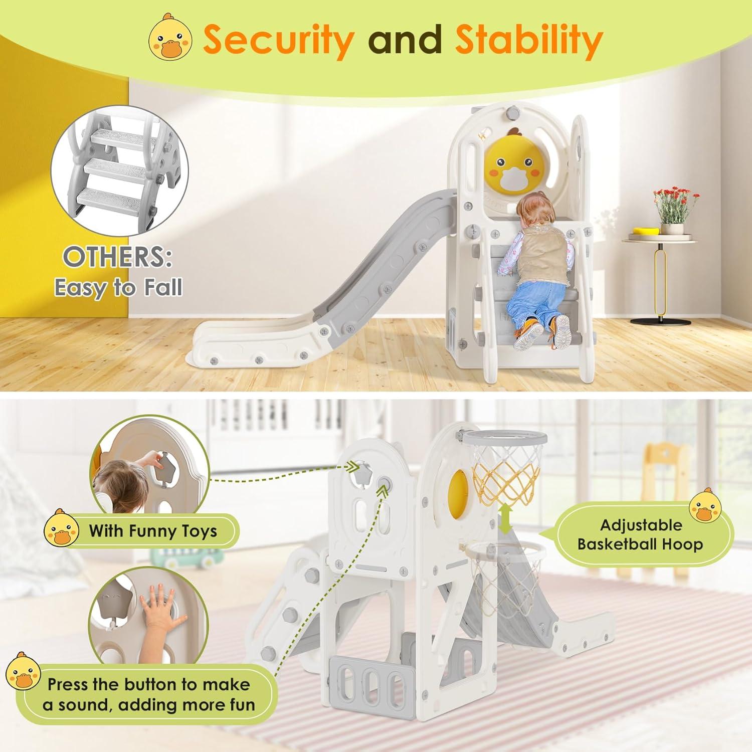 5 in 1 Toddler slide, Kids Slide with Climber Outdoor Indoor Slide Cute Duck Theme Playset