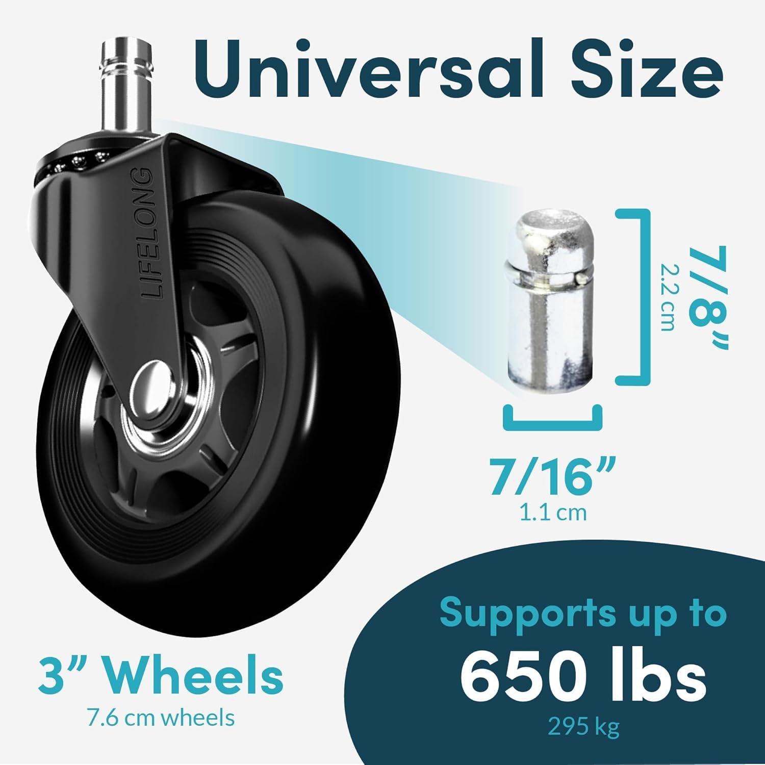 Lifelong Office Chair Caster Wheels for Hardwood Floors and Carpet, Heavy Duty, Universal Fit - Black