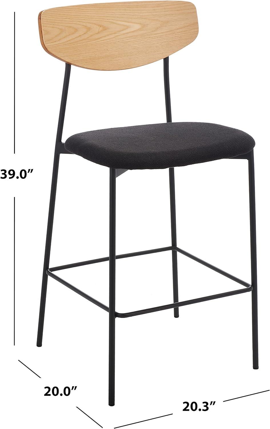 Mid-Century Oak and Black Iron Saddle Counter Stool