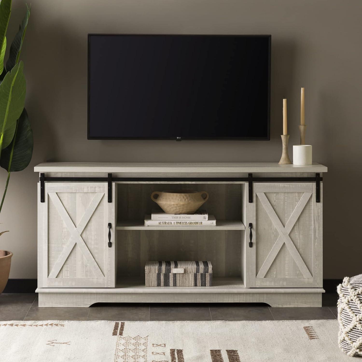 Stone Grey Modern Farmhouse 58" TV Stand with Barn Door Cabinets