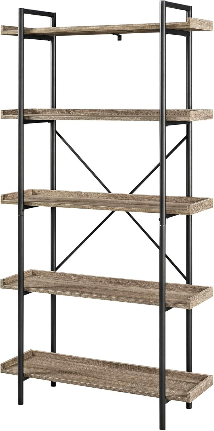 Walker Edison 5 Shelf Industrial Wood Metal Bookcase Tall Bookshelf Storage Home Office, 68 Inch, Driftwood