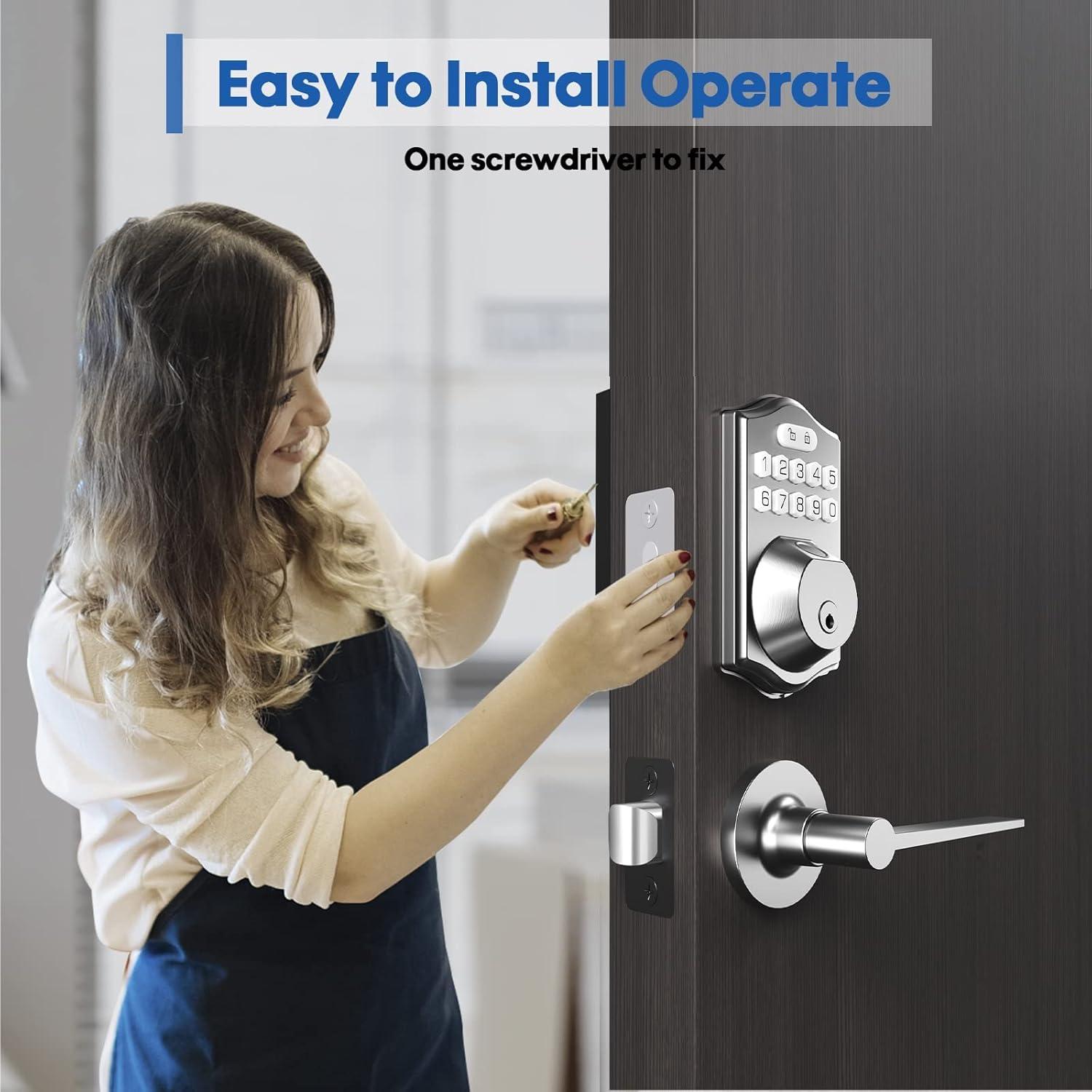 keyless Entry Door Lock deadbolt with Handle Set-Front Smart Door Locks for Front Door-with 2 Lever Handles-Electronic Keypad Code Deadbolt,Fingerprint Door Lock-Auto Lock (Satin Nickel)