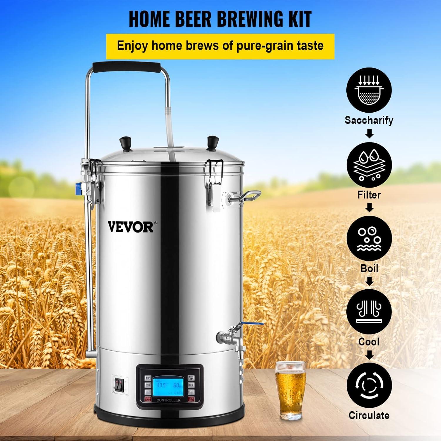 VEVOR Electric Brewing System, 9.2 Gal/35 L Brewing Pot, All-in-One Home Beer Brewer w/Pump, Mash Boil Device w/Panel, Auto/Manual Mode 100-1800W Power 25-100℃ Temp 1-180 min Timer Recipe Memory