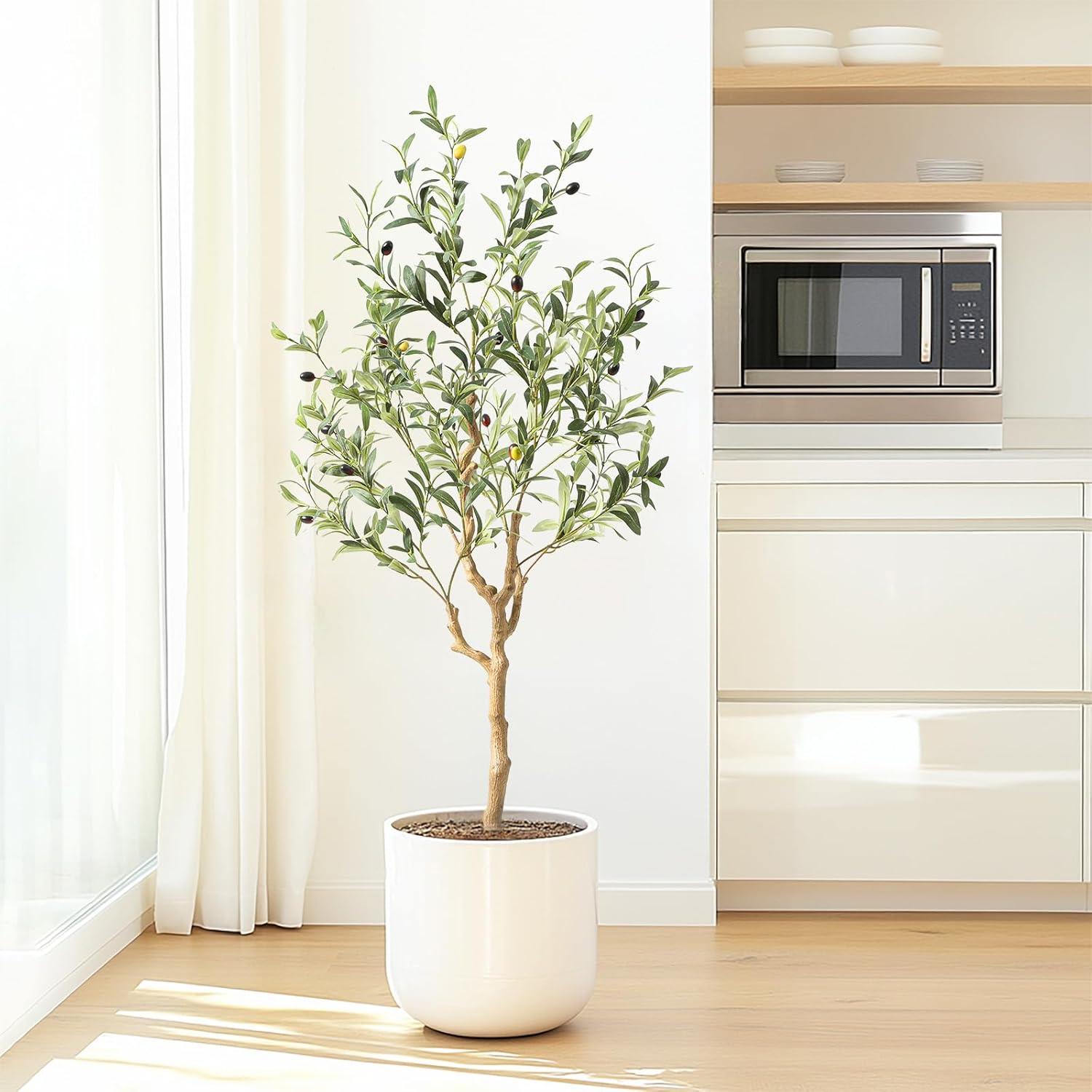Tall Faux Olive Tree，4Ft(48in) Realistic Texture Potted Silk Artificial Olive Tree， Fake Olive Trees Indoor Outdoor for Home Office Living Room Bedroom Foyer Porch Decor.