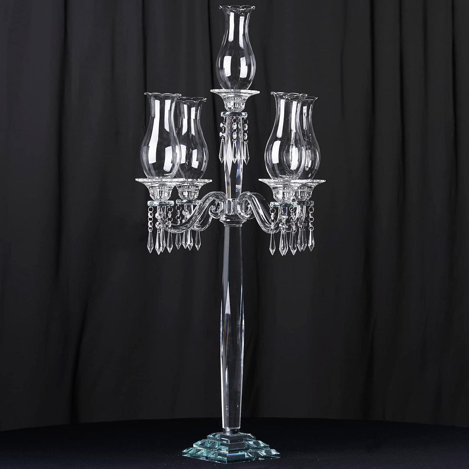 BalsaCircle 40" Clear 5 Arm Crystal Glass Candelabra Hurricane Taper Candle Holder