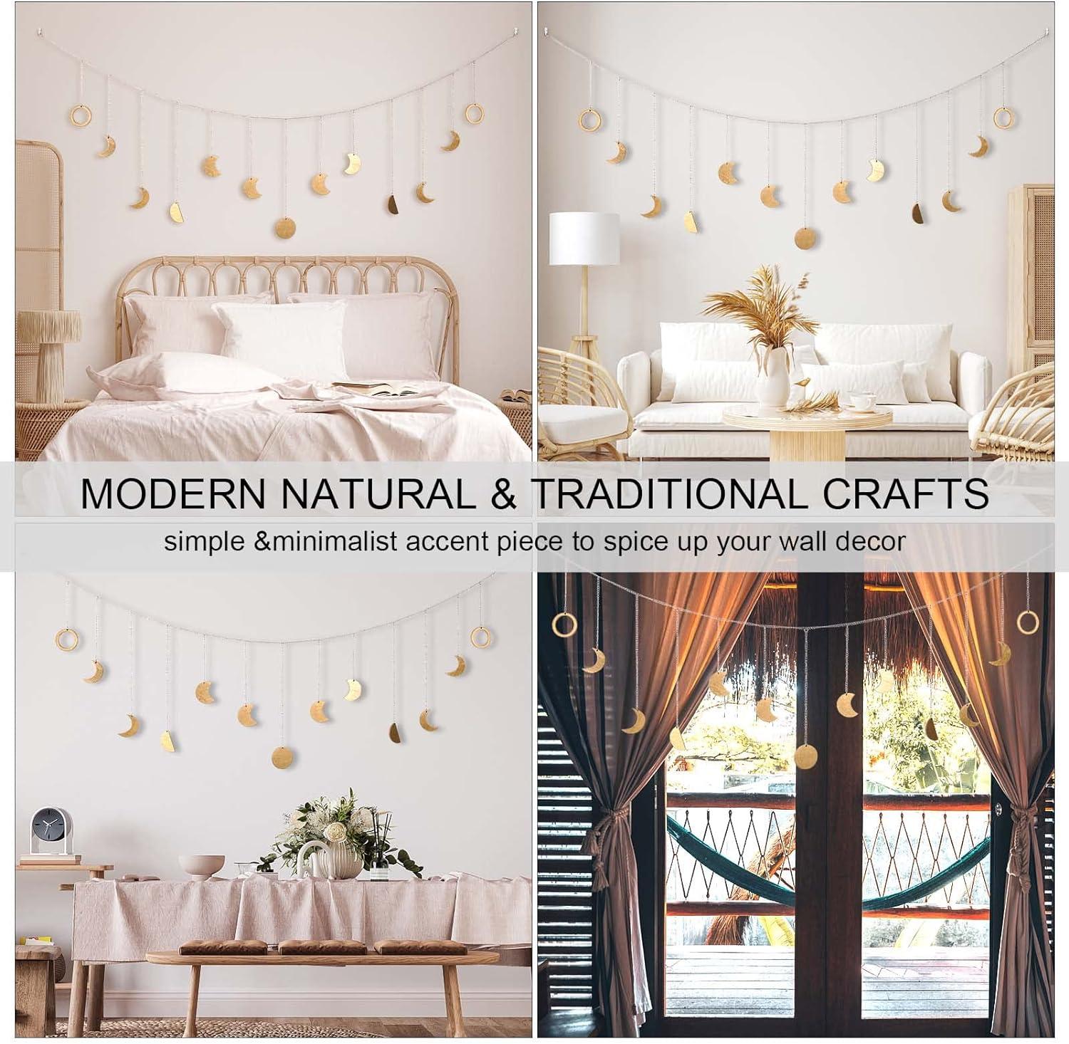 Moon Phase Wall Decor with LED String Light, 13 Gold Wood Boho Wall Hanging Decor Mood Garland 56'' - Celestial Phases Moon Decor in Bohemian Style for Bedroom Home Living Room Independence Day Gifts