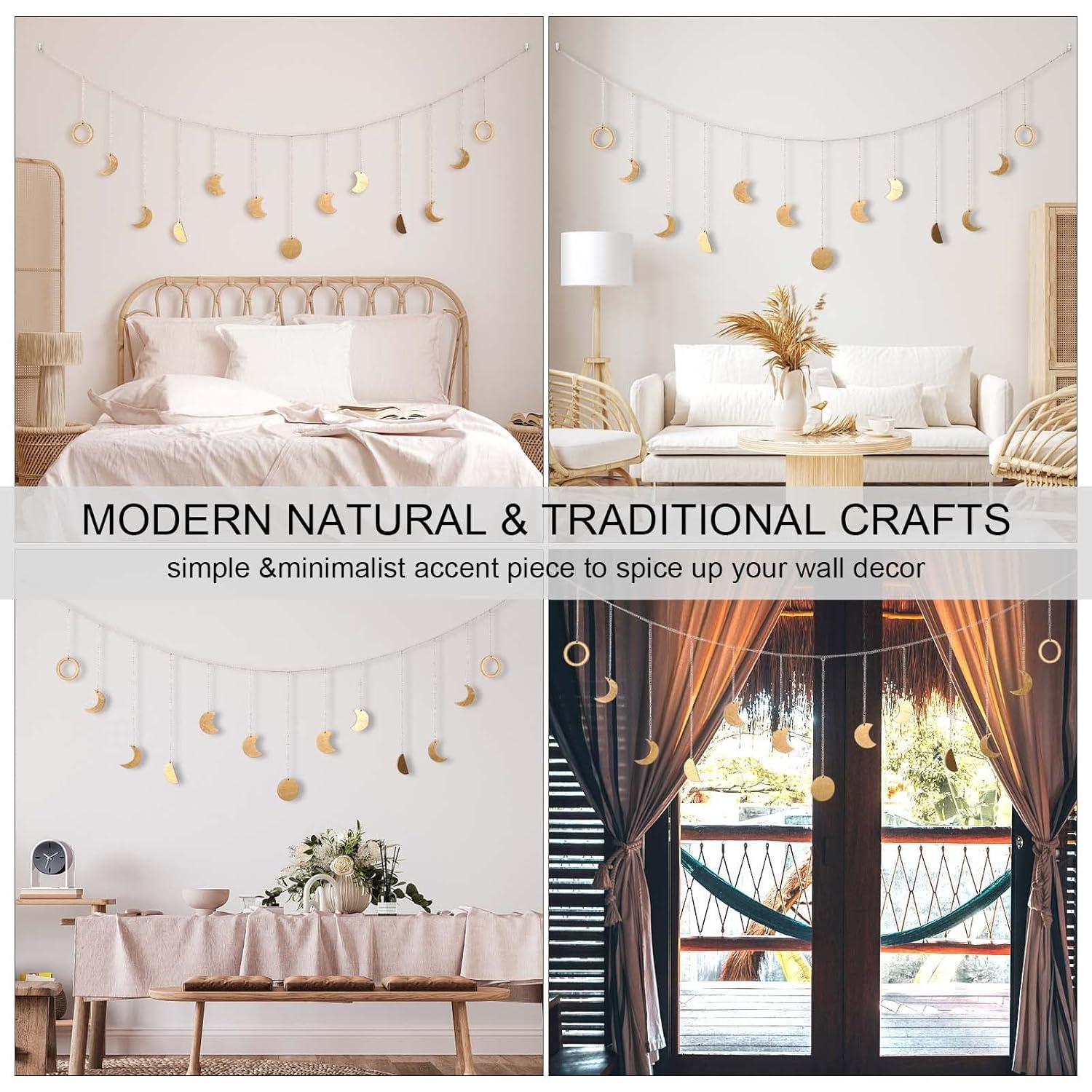 Moon Phase Wall Decor with LED String Light, 13 Gold Wood Boho Wall Hanging Decor Mood Garland 56'' - Celestial Phases Moon Decor in Bohemian Style for Bedroom Home Living Room Independence Day Gifts