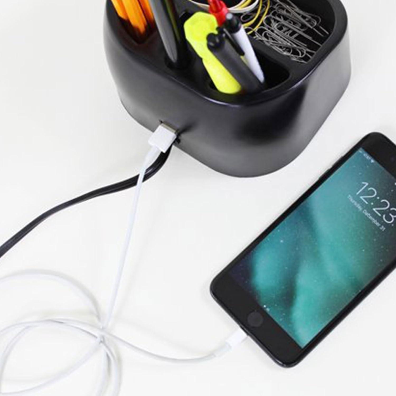 Globe Electric 6.3 x 6.69 x 10.63 Inches Goose Neck Desk Lamp with 10 Watt A-19 Non Dimmable LED Bulb, 2.1a USB Port and Organizer, Black