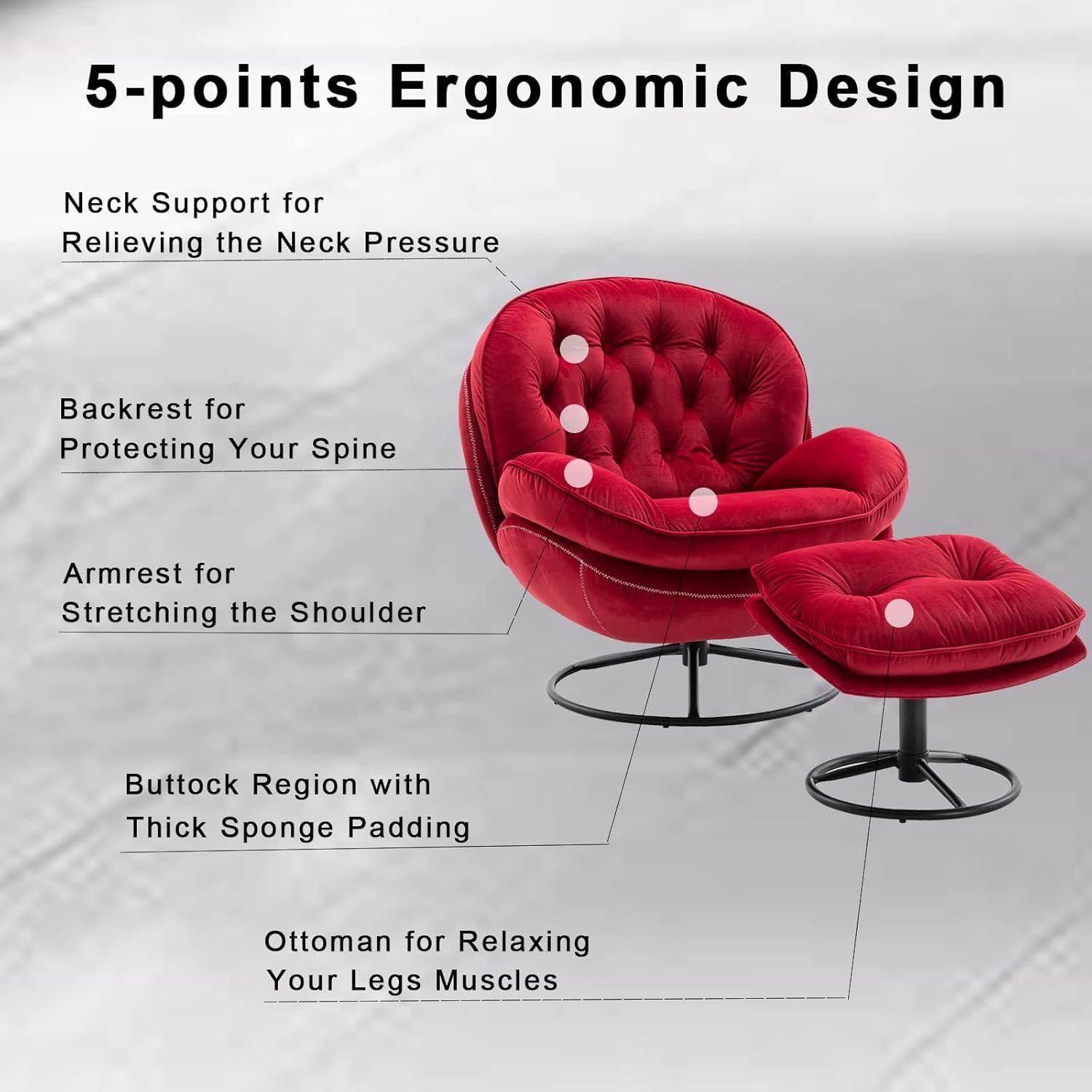 Velvet Swivel Accent Chair with Ottoman Set, Modern Lounge Chair with Footrest and Metal Base, Comfy Armchair Recliner Chair for Living Room, Bedroom, Reading Room, Home Office