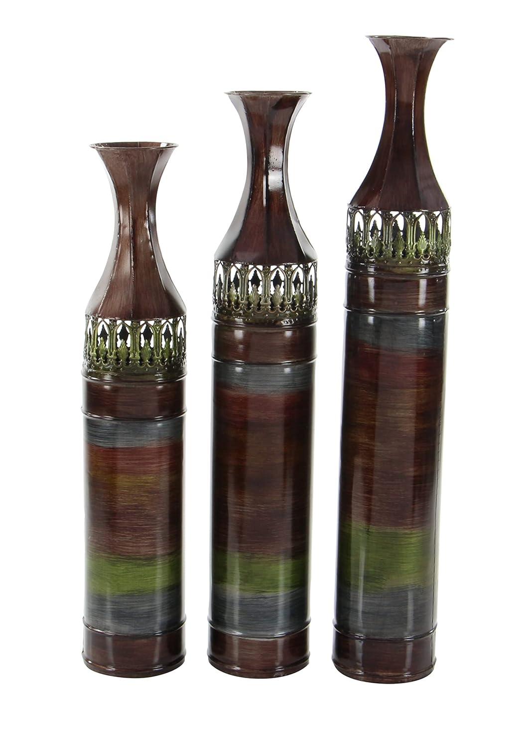 DecMode 34", 31", 28"H Tall Ombre Bronze Metal Vase with Laser Cut Antefix Design, Set of 3