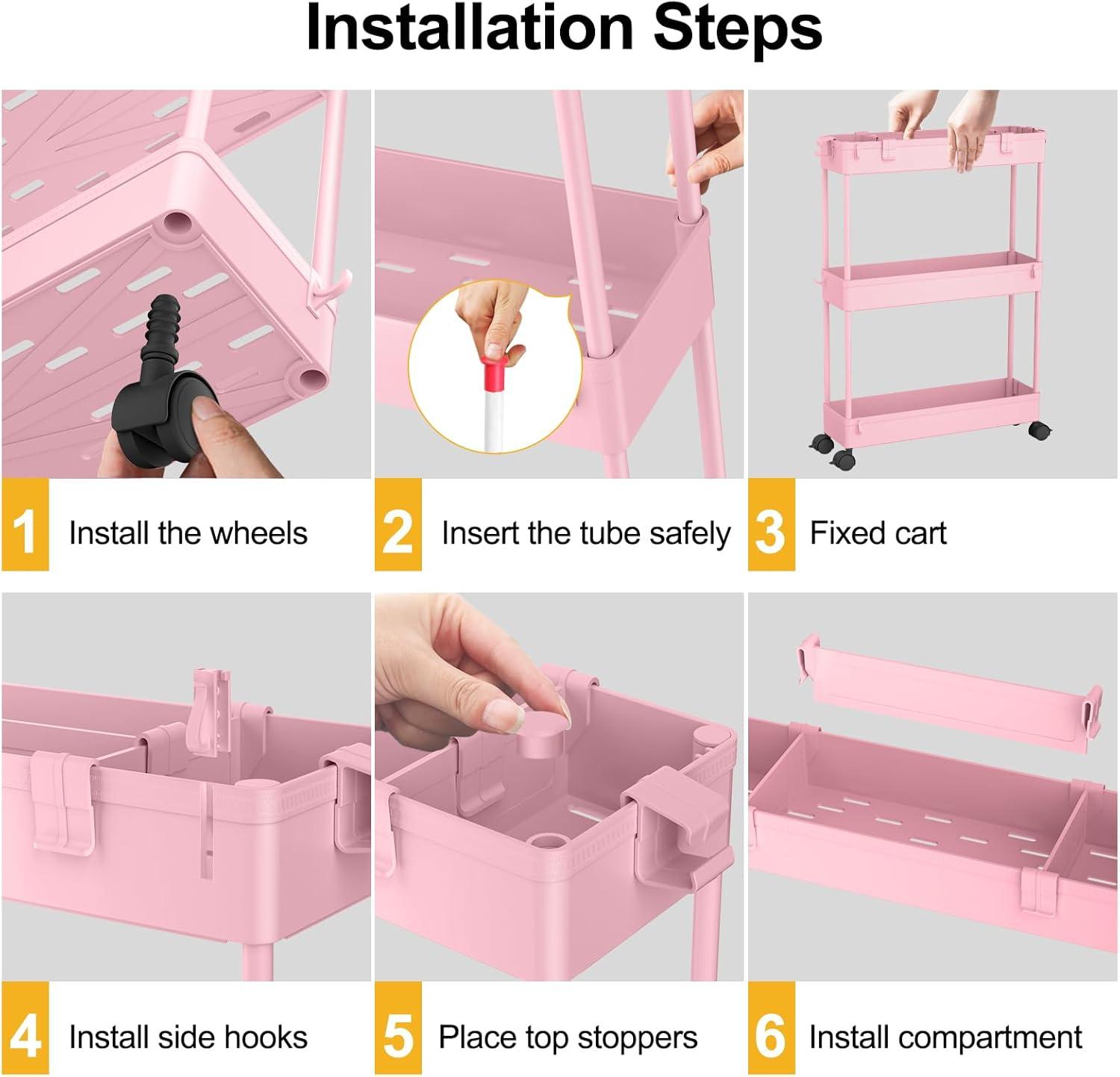 Slim Storage Cart,3 Tier Bathroom Rolling Utility Cart Storage Organizer Slide Out Cart, Mobile Shelving Unit Organizer Trolley for Office Bathroom Kitchen Laundry Room Narrow Places, Pink