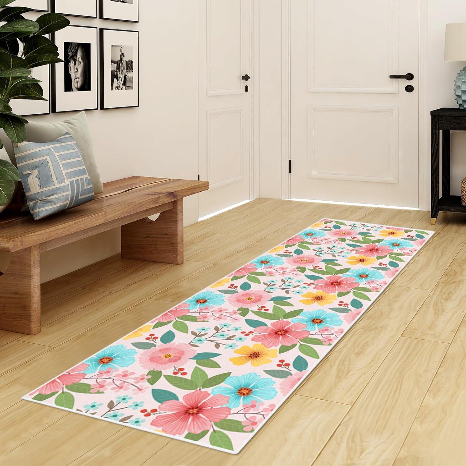 Elegant Floral Rug Hallway Runner Rug- 2 x 6 ft,Non Slip Washable Runner Rugs with Rubber Backing Soft Flowers Carpet Runner for Bedroom Kitchen Dining Room Laundry-Pink