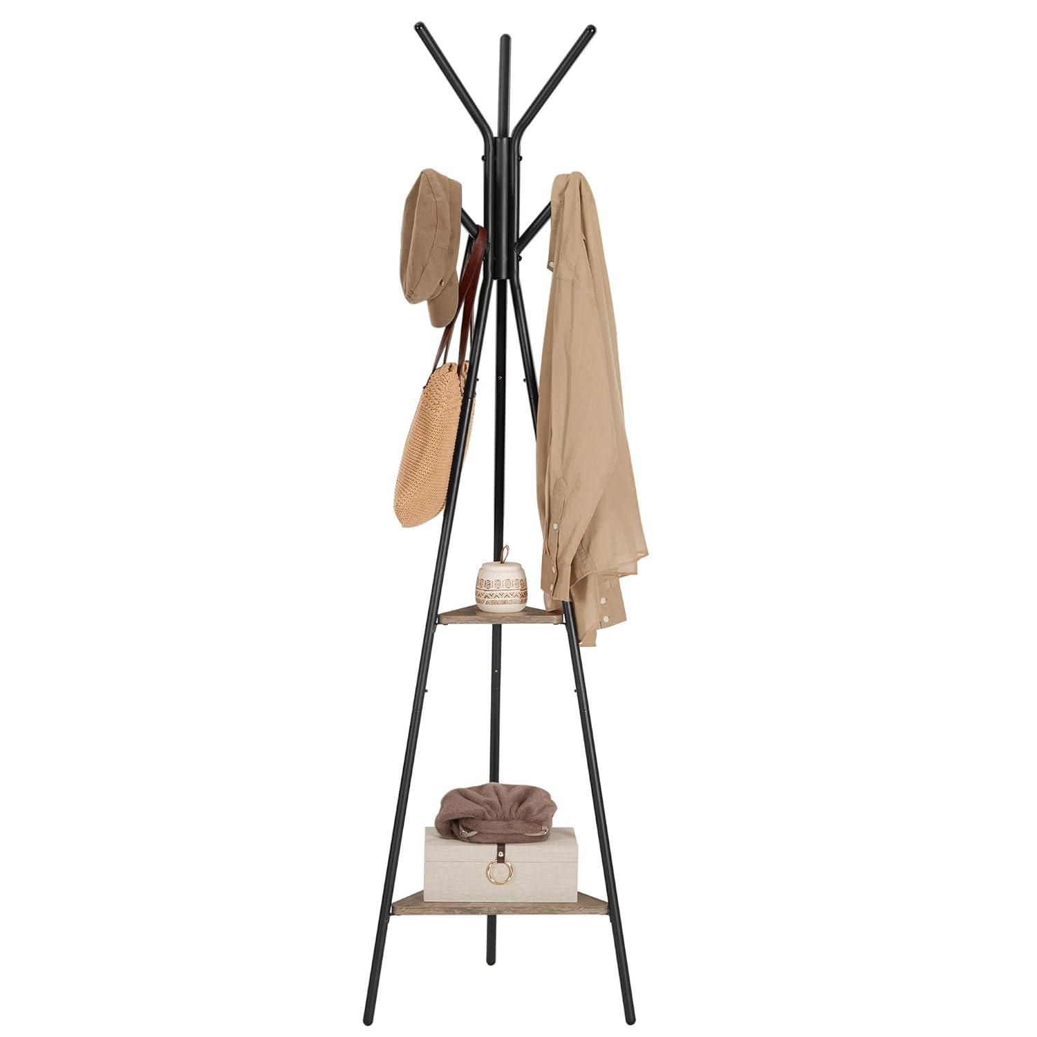 Coat Rack Freestanding Coat Hanger Stand Hall Tree with 2 Shelves for Clothes Hat Bag Industrial Style Greige and Black