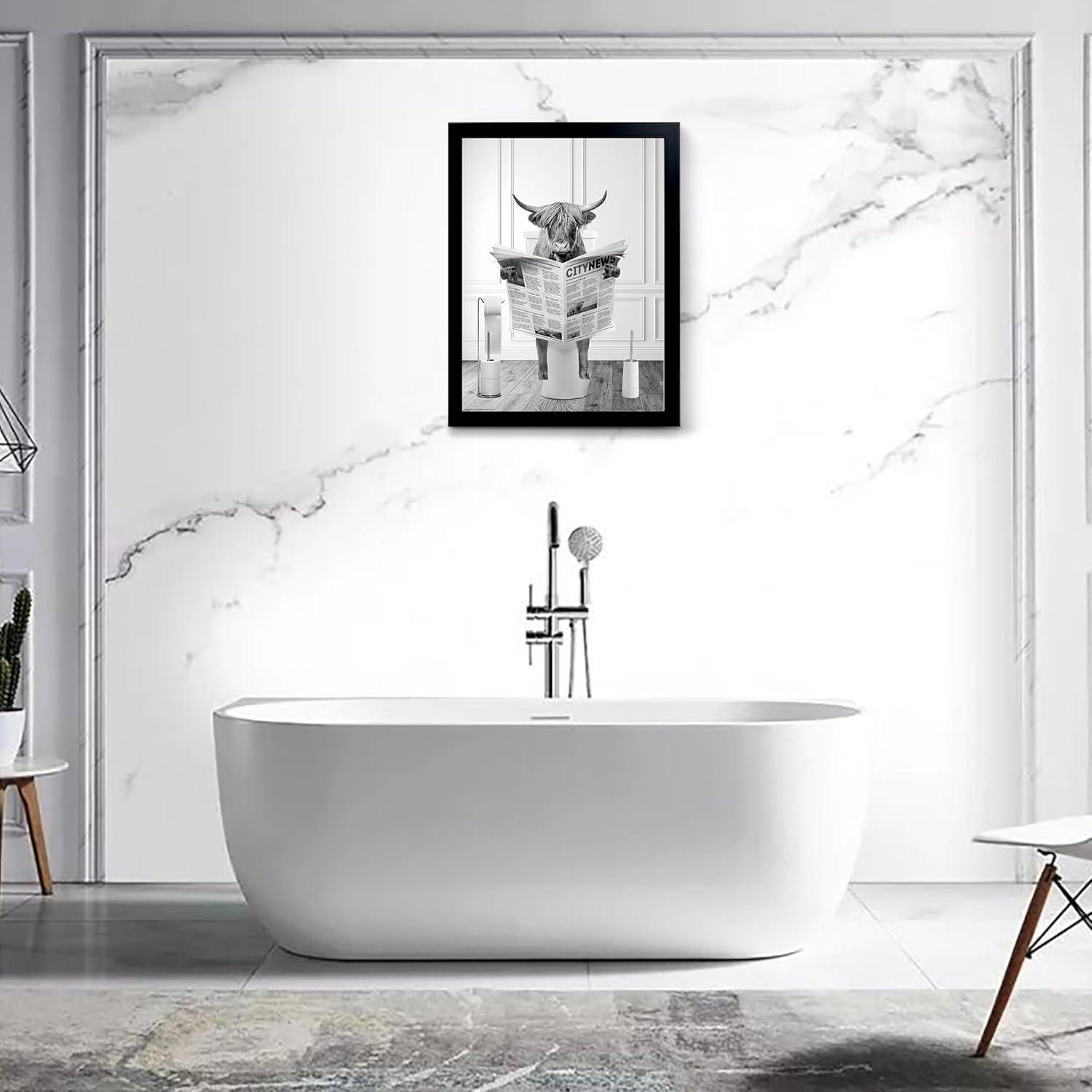 Modern Black Framed Highland Cow Wall Art Minimalist Bathroom Wall Decor Cute Funny Animals Artwork Canvas Prints Ready to Hang for Guest Bathroom, Hotel, Condo, Kids Bathroom, 12”x16”