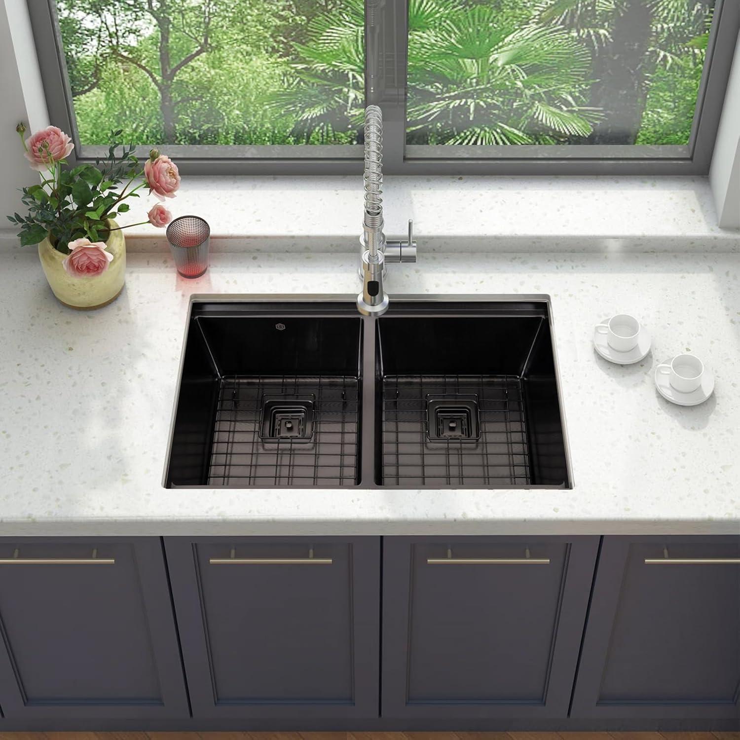 32" Black Stainless Steel Double Bowl Workstation Sink with Accessories