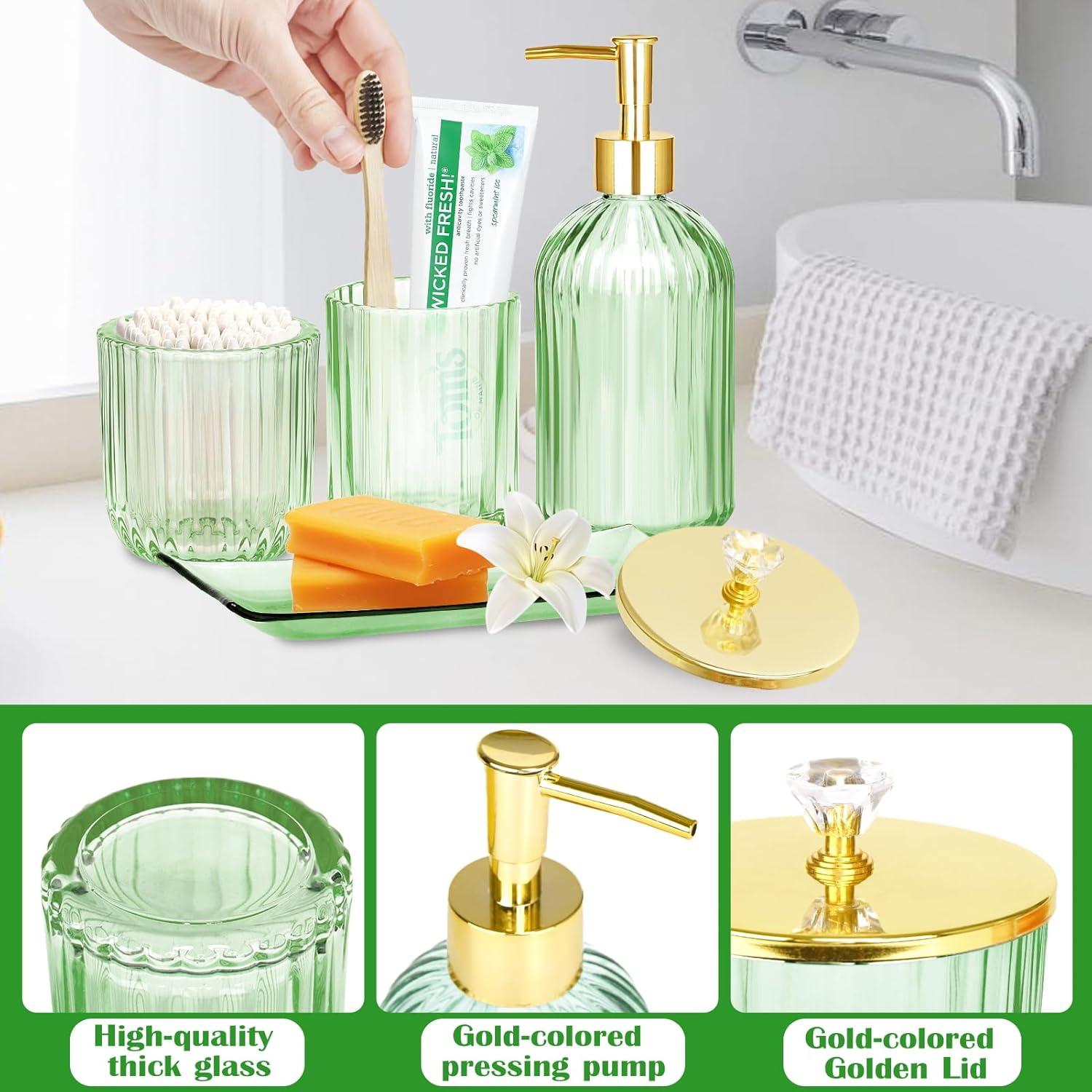 Green Glass Bathroom Accessories Set with Gold Accents, 4 Pieces