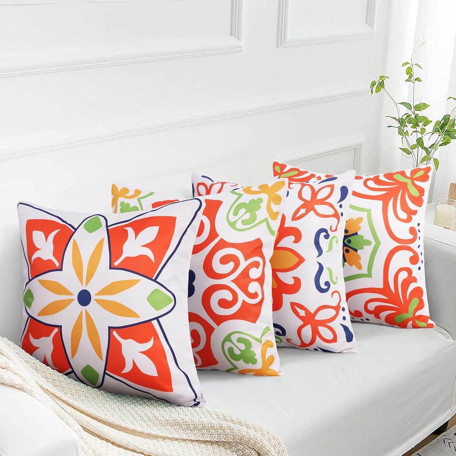 Pyonic Outdoor Waterproof Throw Pillow Covers for Patio Furniture Decorative Boho Pillow Covers 18x18 Floral Printed for Patio Tent Couch Garden Set of 4,Orange