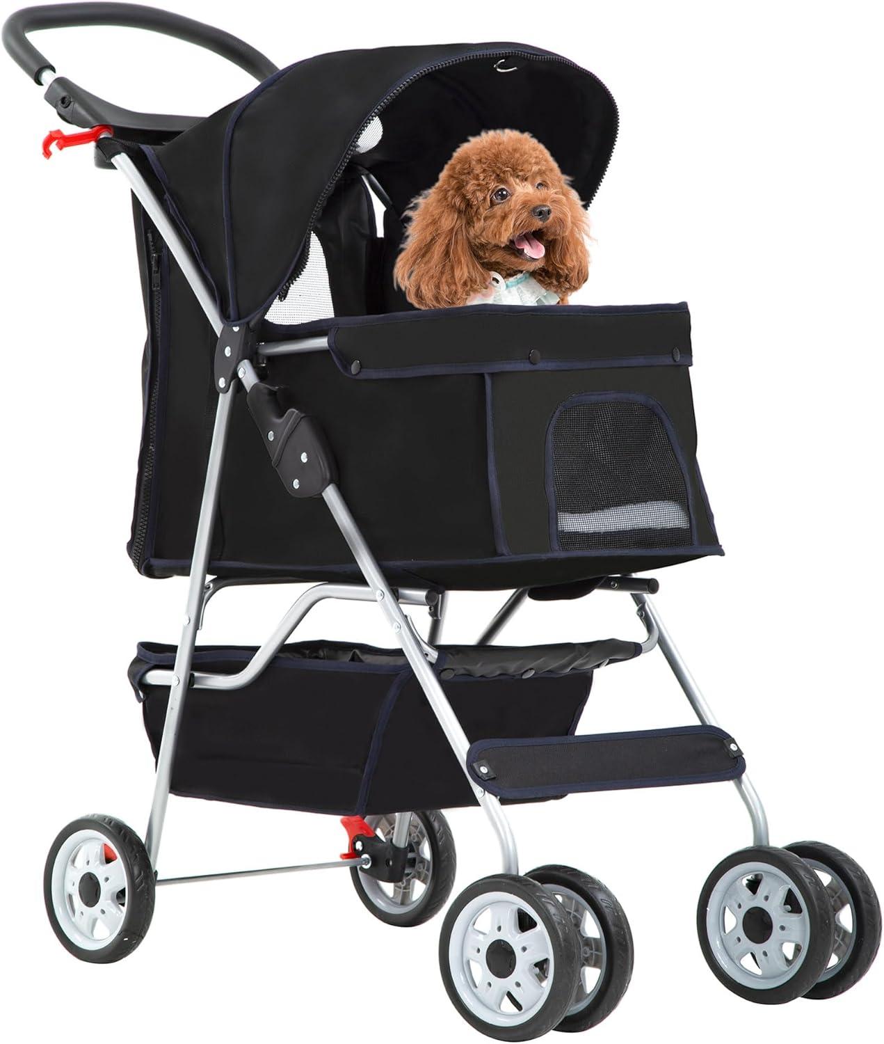 Black Alloy Steel 4-Wheel Foldable Pet Stroller