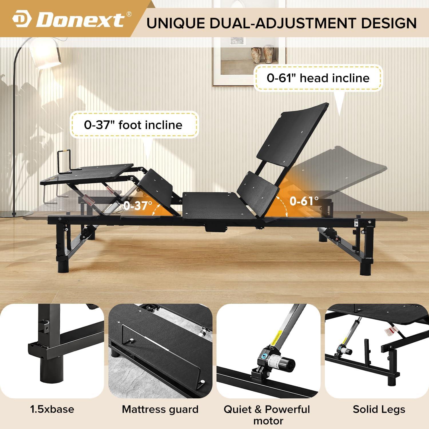 Donext Adjustable Bed Base, King Bed Frame, Independent Head and Foot Incline, Quiet Motor, Wireless Remote Control, Electric Bed Base, Black