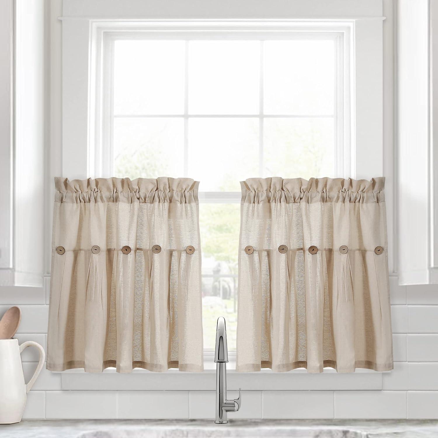 Dark Linen Button Cotton Blend Kitchen Tier Curtains