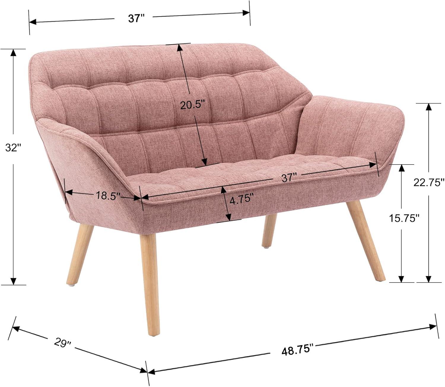 Pink Linen Plaid Loveseat with Wooden Legs