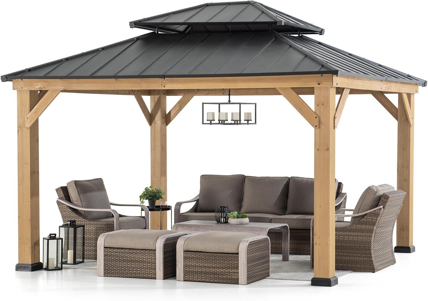 Sunjoy 11 x 13 ft Cedar Framed Gazebo with Black Steel Roof