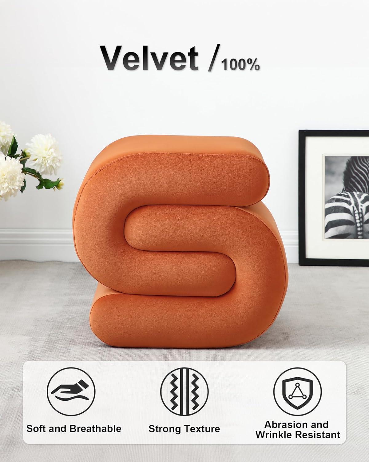 Foot Stool, Modern S-Shape Velvet Ottoman Makeup Chair Footstool Under Desk, Upholstered Extra Seating for Living Room, Bedroom, Entryway, Office (Orange)