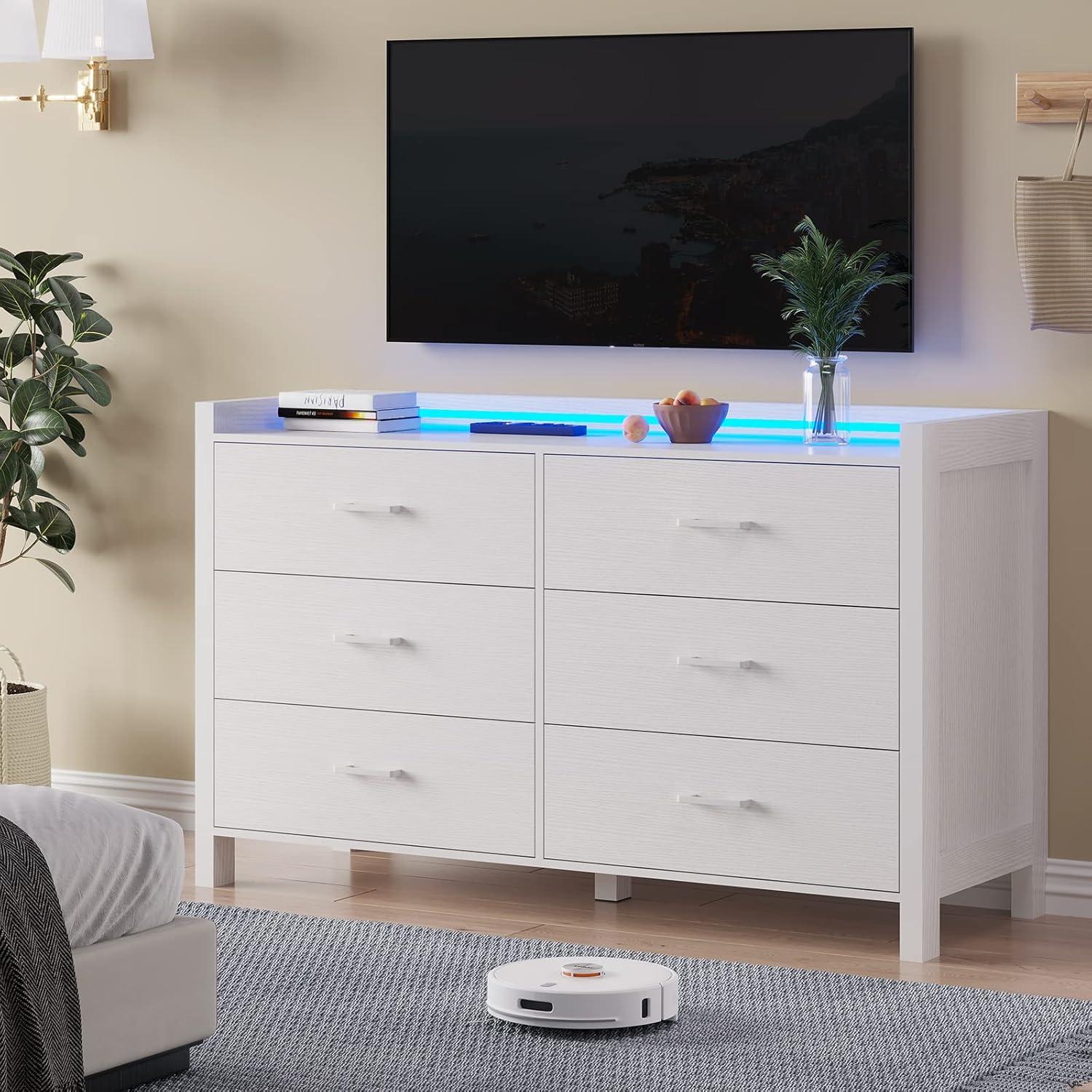 White Dresser with 6 Drawers for Bedroom, Modern Chest of Drawers Storage Dresser with LED Lights for Living Room