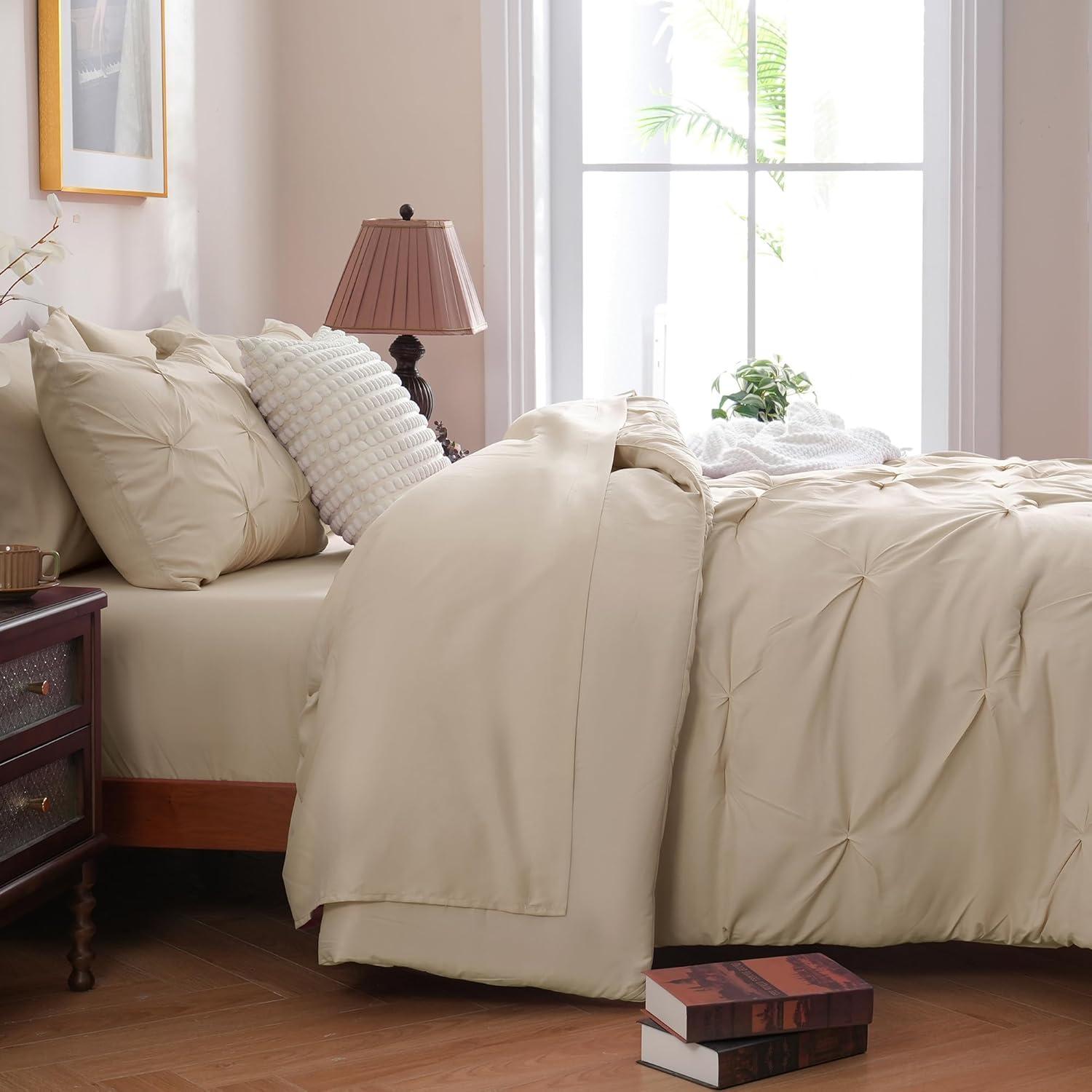 CozyLux Beige Comforter Set Queen 7 Pieces Bed in A Bag Cream Off White Pintuck Comforters Queen Size Pinch Pleat Bedding Sets with All Season Comforter, Flat Sheet, Fitted Sheet and Pillowcases&Shams