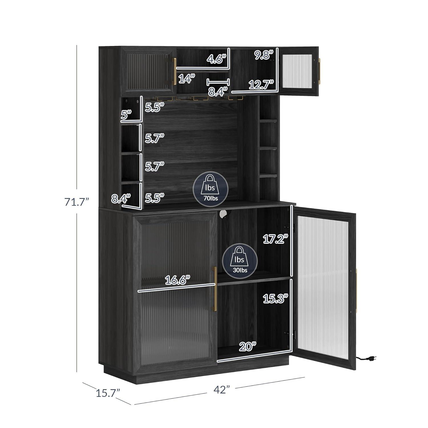 BELLEZE Coffee Wine Bar Cabinet with Power Outlet, 72" Rustic Liquor Cabinet, Tall Buffet Cabinet with Storage Kitchen Pantry Cupboard Wine& Glasses Rack Server with Hutch for Home Dining Room, Ebony