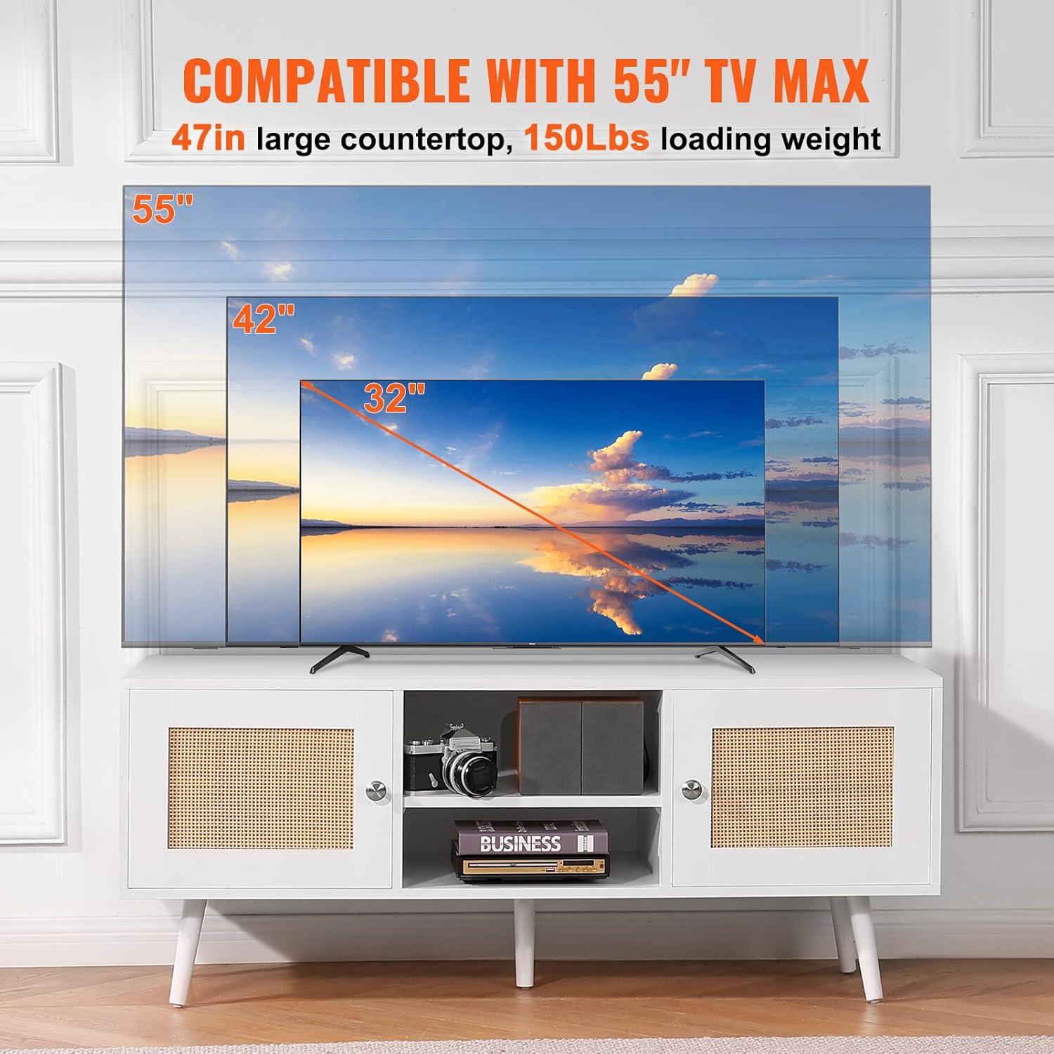 VEVOR Rattan Mid Century Modern TV Stand, Boho TV Console for 55 inch TV, White