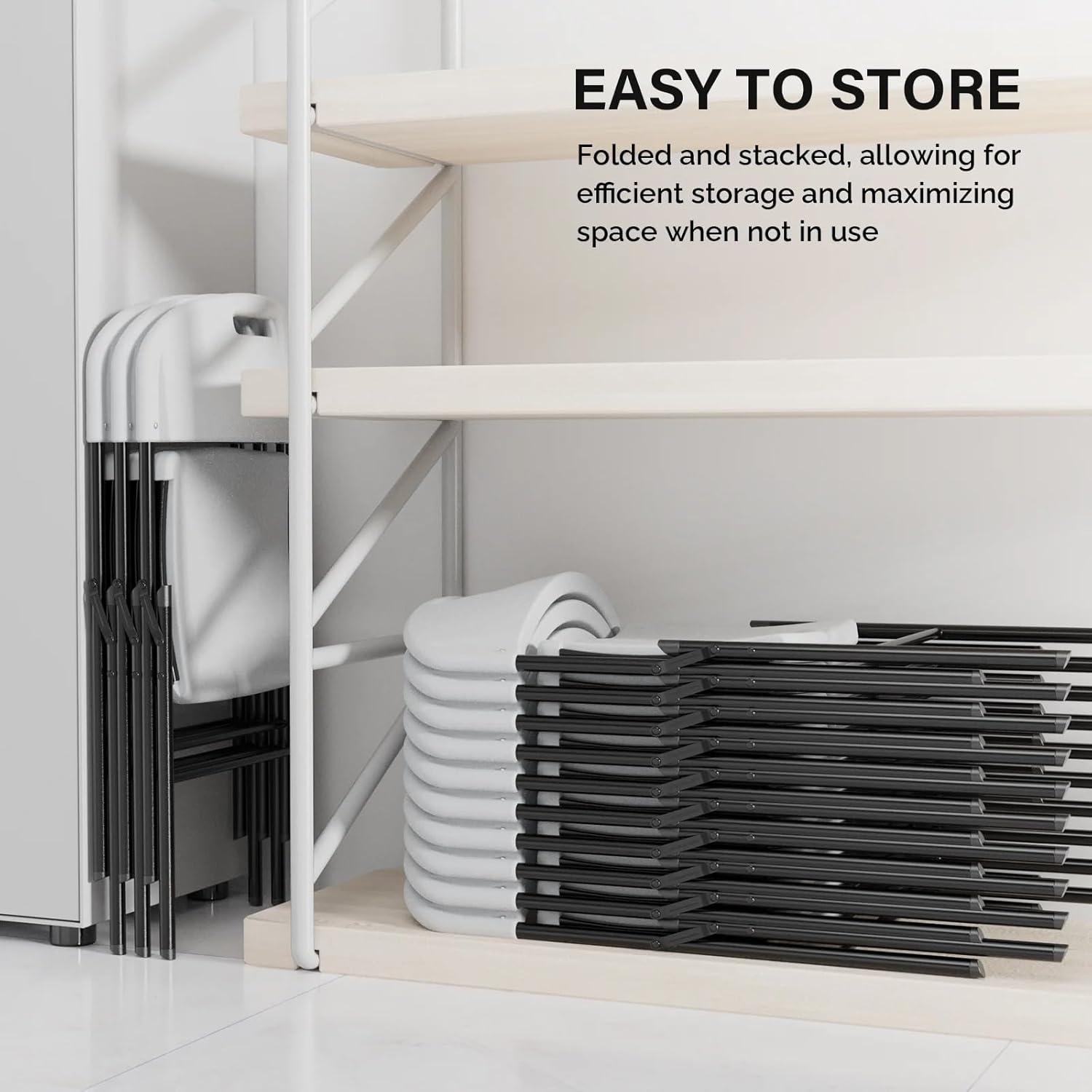 Hassch Plastic Folding Chairs Set of 4, Indoor Outdoor Stackable Chairs with White Seat & Back, Black Steel Frame, Used for Party, Garden, Patio, Dining, Wedding, Camping