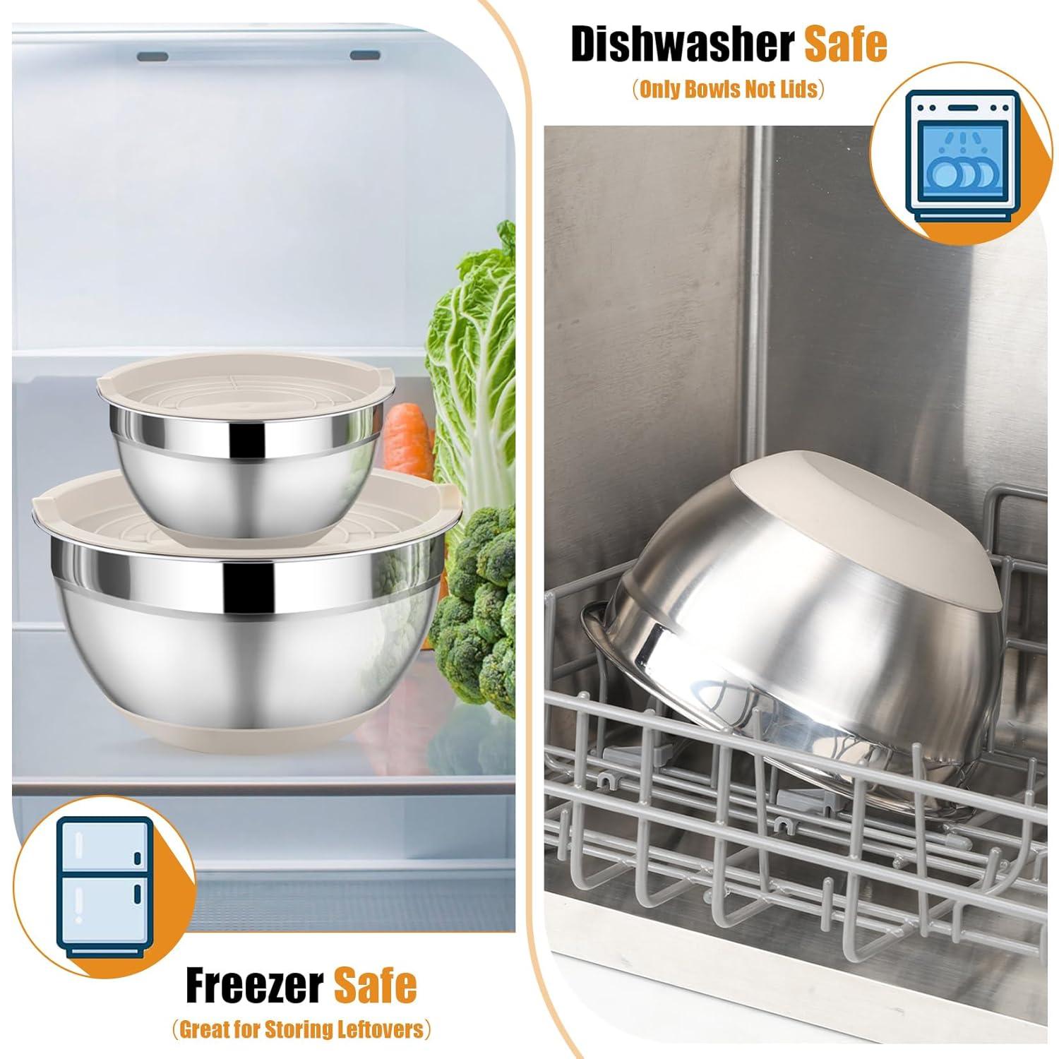 Toledo Bath & Kitchen Stainless Steel Mixing Bowls With Lids, 5-Pack Metal Nesting Bowls With Airtight Covers For Cooking, Baking, Serving, Storage, Non-Toxic & Dishwasher Safe, Size 4.6/3/1.5/1/0.7QT - Khaki