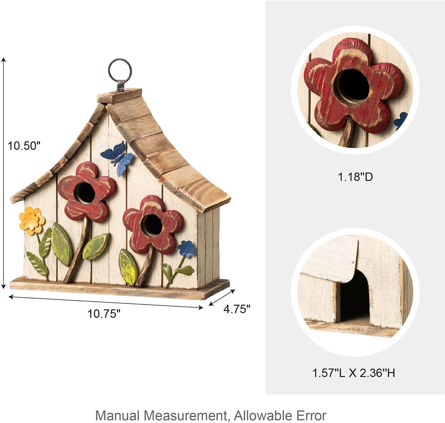 Distressed White Wooden Two-Story Garden Birdhouse with 3D Flowers