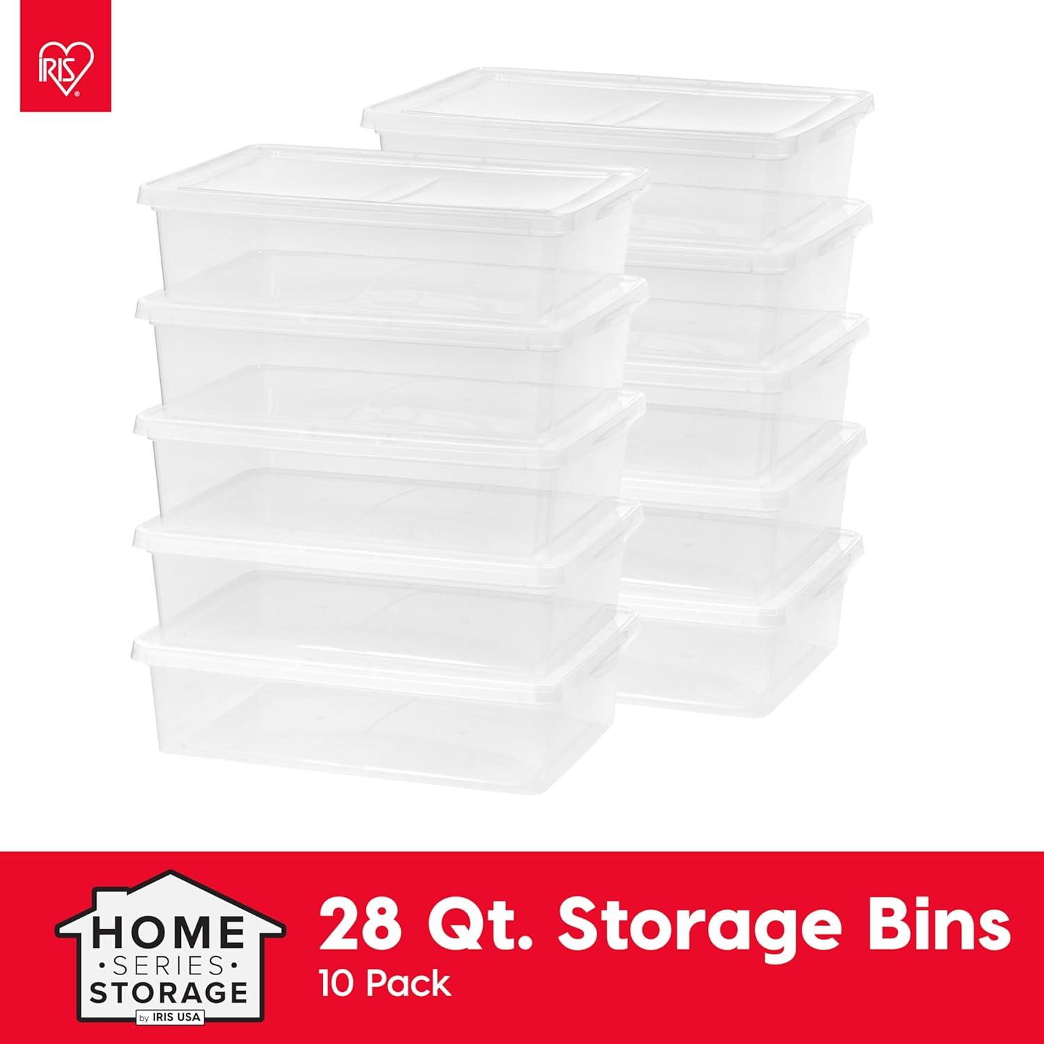 IRIS USA 28 Qt Clear Storage Box, Plastic Stackable Bin with Lid, 10 Pack