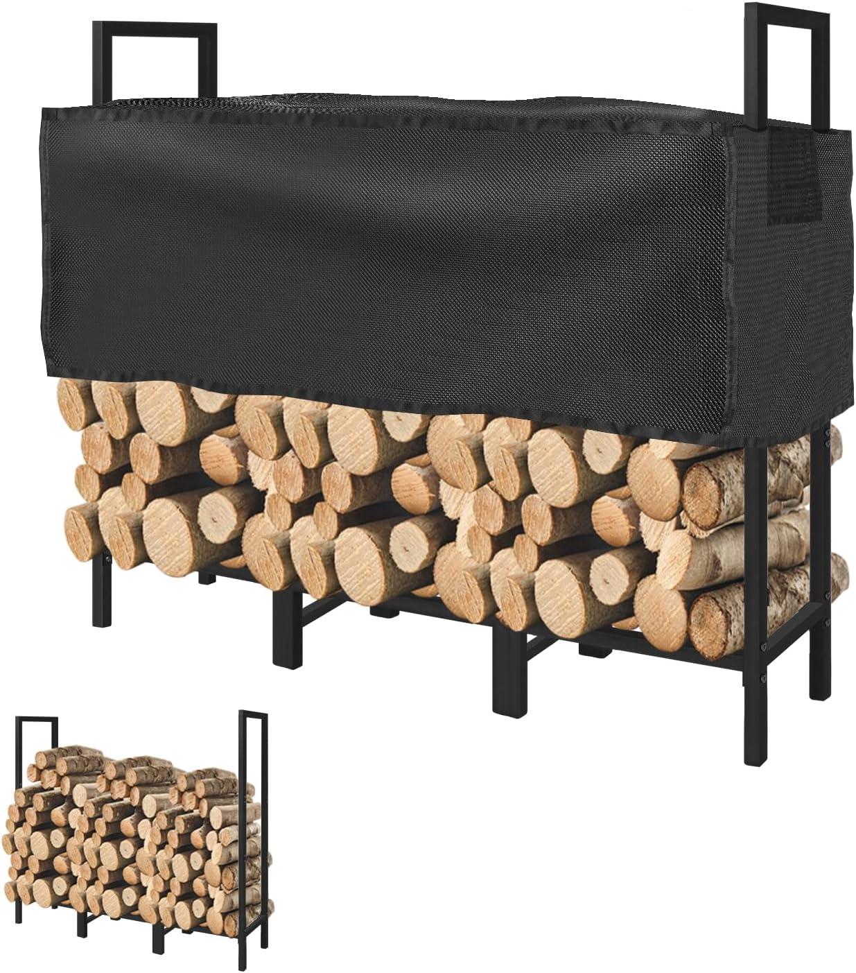 4ft Black Steel Firewood Rack with Weather-Resistant Cover