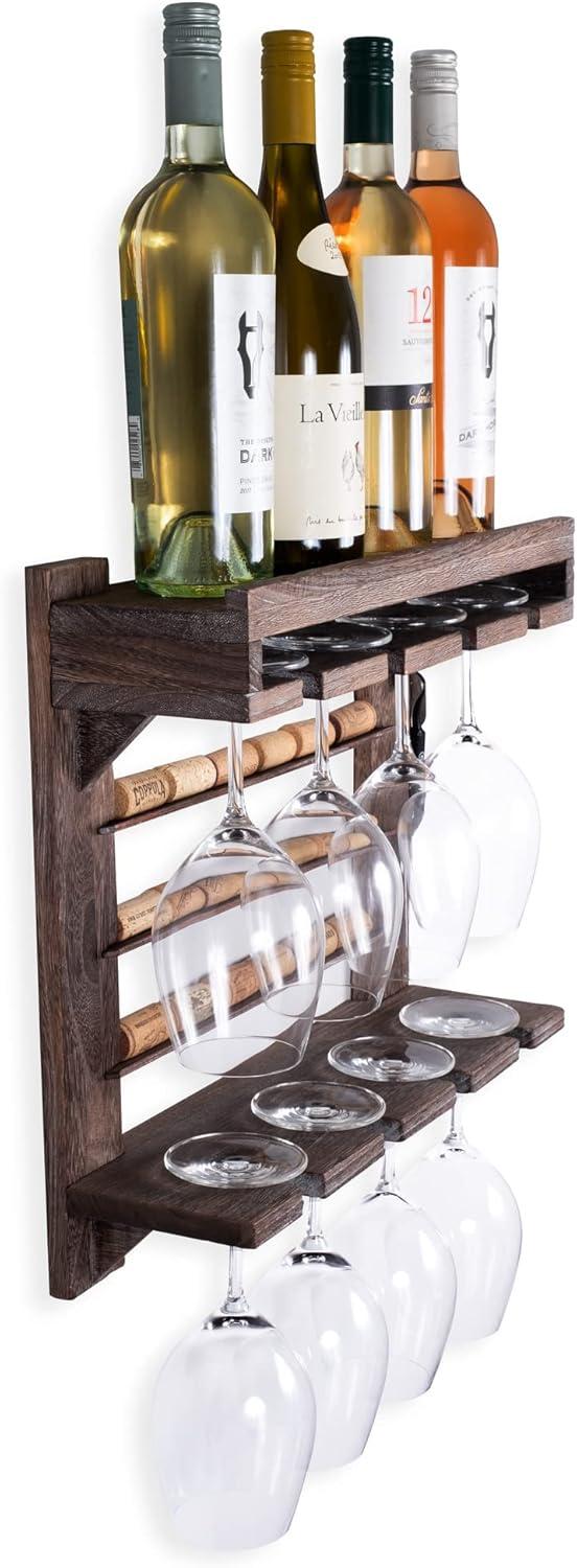 Rustic Dark Wood Wall-Mounted Wine Rack with Stemware Holder