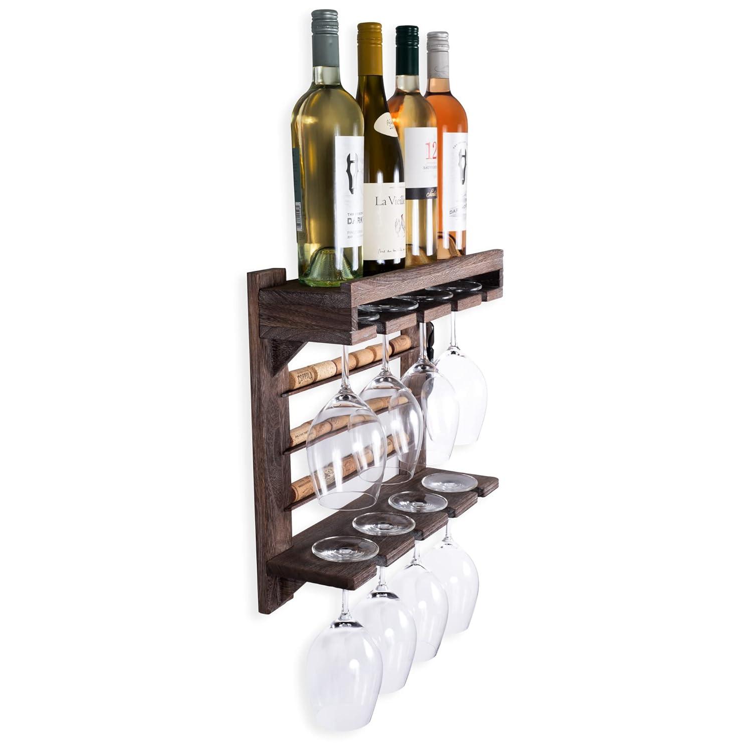 Rustic Dark Wood Wall-Mounted Wine Rack with Stemware Holder